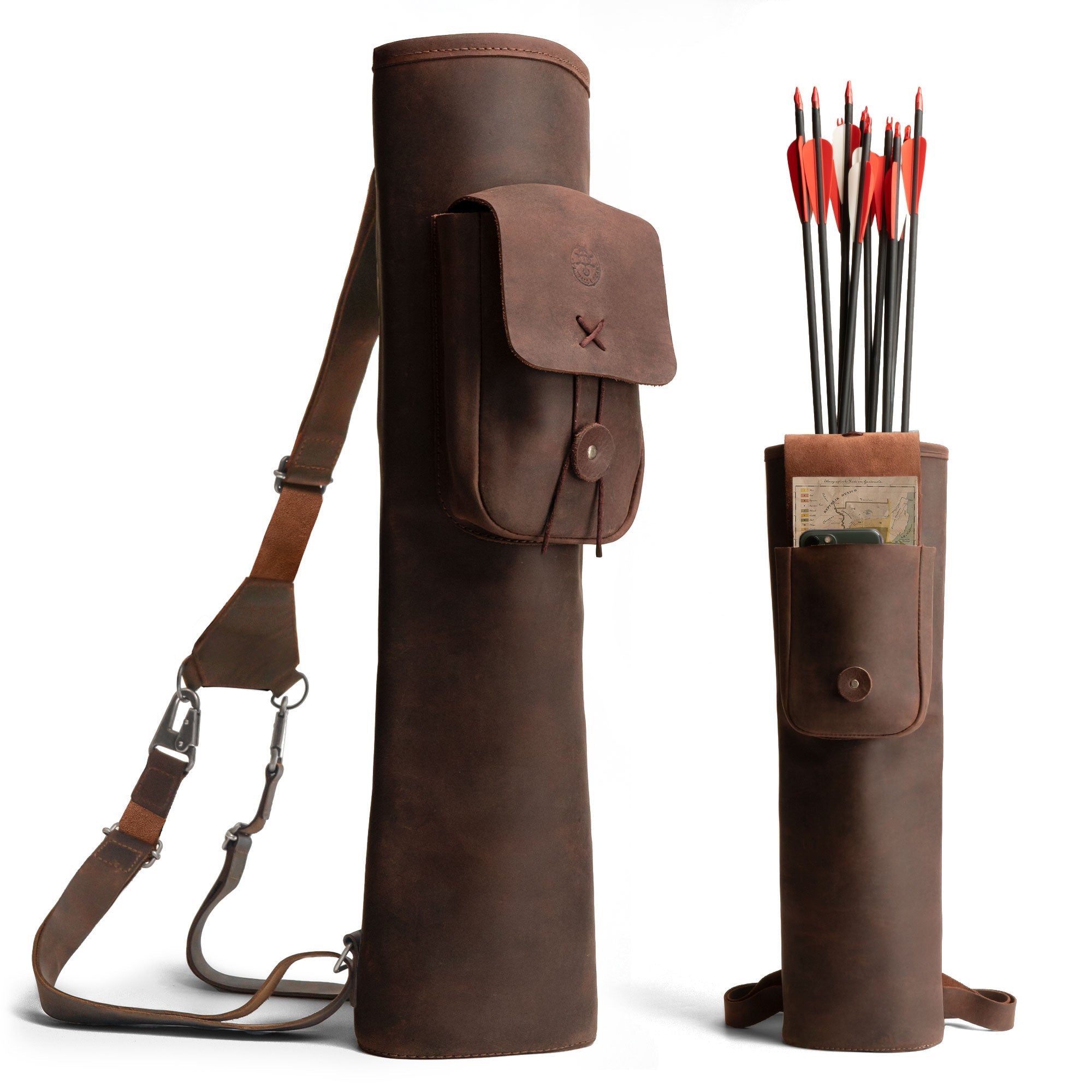 Premium Back Quiver by Valhalla Gear showcasing a Rectangular Back Quiver with Adjustable Straps. This Handmade Arrow Quiver Holder for Arrows is perfect for Archery Sports and Bow Hunting. The quiver is made from durable Full Grain Leather, handcrafted in La Antigua Guatemala, emphasizing its quality through Small Batch Production, Hand Cut, and Hand Sewn techniques.