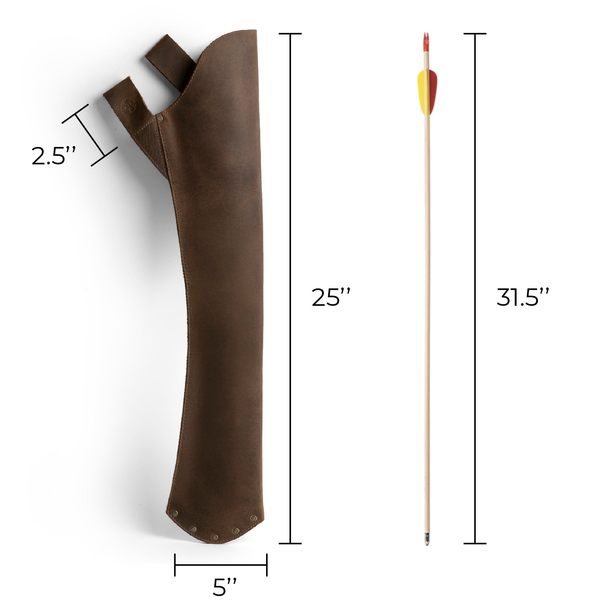 Dimensions of the Valhalla Gear Hip Quiver displayed alongside arrows, highlighting its practical design. This Leather Hip Quiver for Arrows is perfect for those looking for a Hunting Quiver Arrow Holder and Archery Quivers Holder. Recognized as the best compound bow arrow quiver for recurve bows and back quivers, this artisan quiver is handmade in La Antigua Guatemala with hand cut, hand sewn, and fire branded quality.
