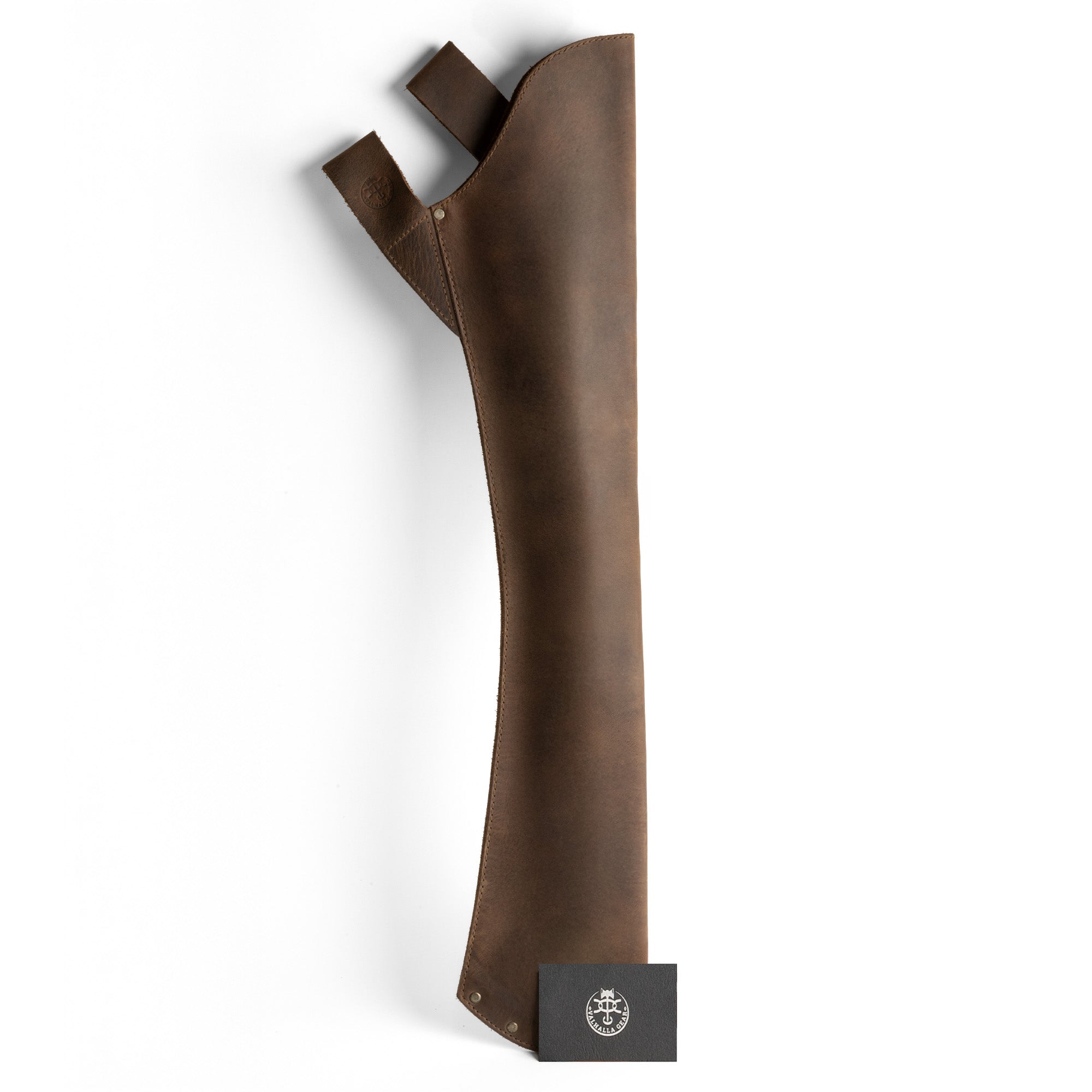 Valhalla Gear Hip Quiver presented alongside branding details, showcasing its elegance in full grain leather. This exceptional Leather Hip Quiver for Arrows serves as a Hunting Quiver Arrow Holder and an Archery Quivers Holder, making it the best compound bow arrow quiver for recurve and back quivers. Crafted artisanally in La Antigua Guatemala, it exemplifies hand cut, hand sewn craftsmanship.