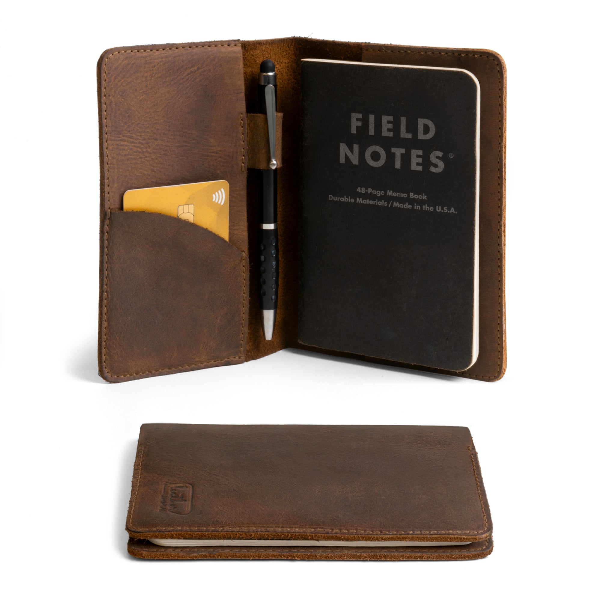 Handmade Field Notes Carrier by Leather Worx featuring a pocket for cards and a pen holder. This Field Notes Cover is a Leather Notebook Cover 3.5 x 5.5 in., providing protective storage for your pocket-sized Moleskine journal. Ideal for travelers looking for a durable, full grain leather option, this artisan-crafted piece showcases small batch production with hand cut and hand sewn details, proudly made in La Antigua Guatemala.