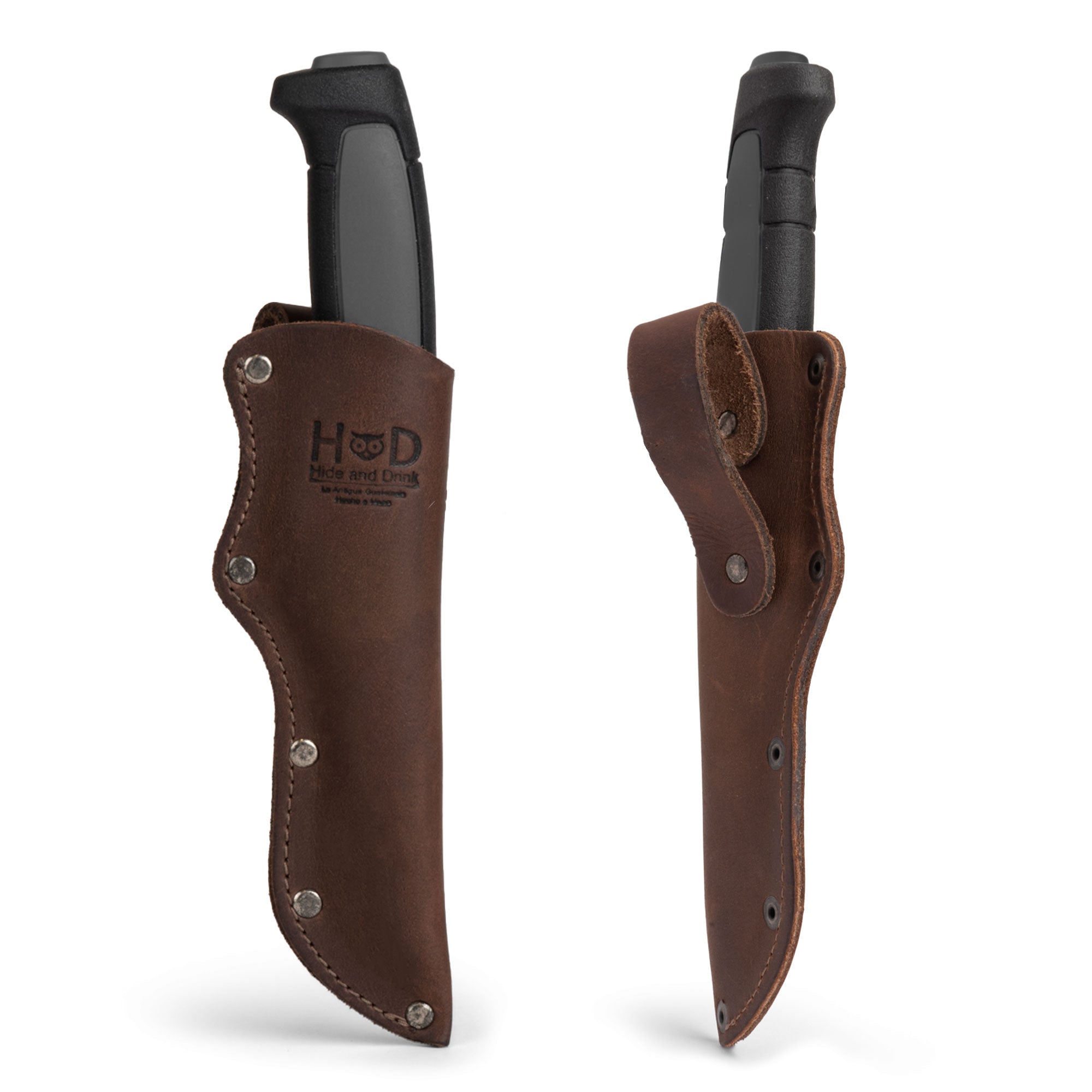 Belt Mora Knife Sheath from Hide & Drink, featuring a Thick Sheath for Mora Knife with Belt Loop, perfect for camping and outdoor activities. Made from durable Full Grain Leather, this rustic holster is hand cut and hand sewn by artisans in La Antigua Guatemala.