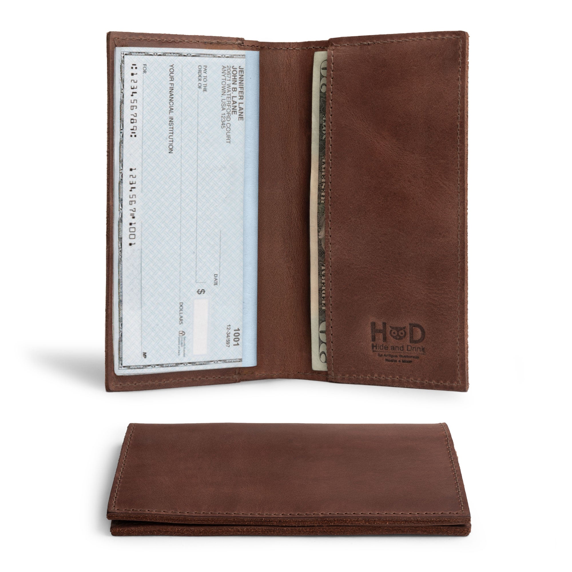 Checkbook Leather Cover by Hide & Drink, featuring a minimalist organizer for standard checkbooks perfect for personal or business finances, crafted from full grain leather. This artisan piece is handmade in La Antigua Guatemala and Oaxaca Mexico, showcasing small batch production methods.