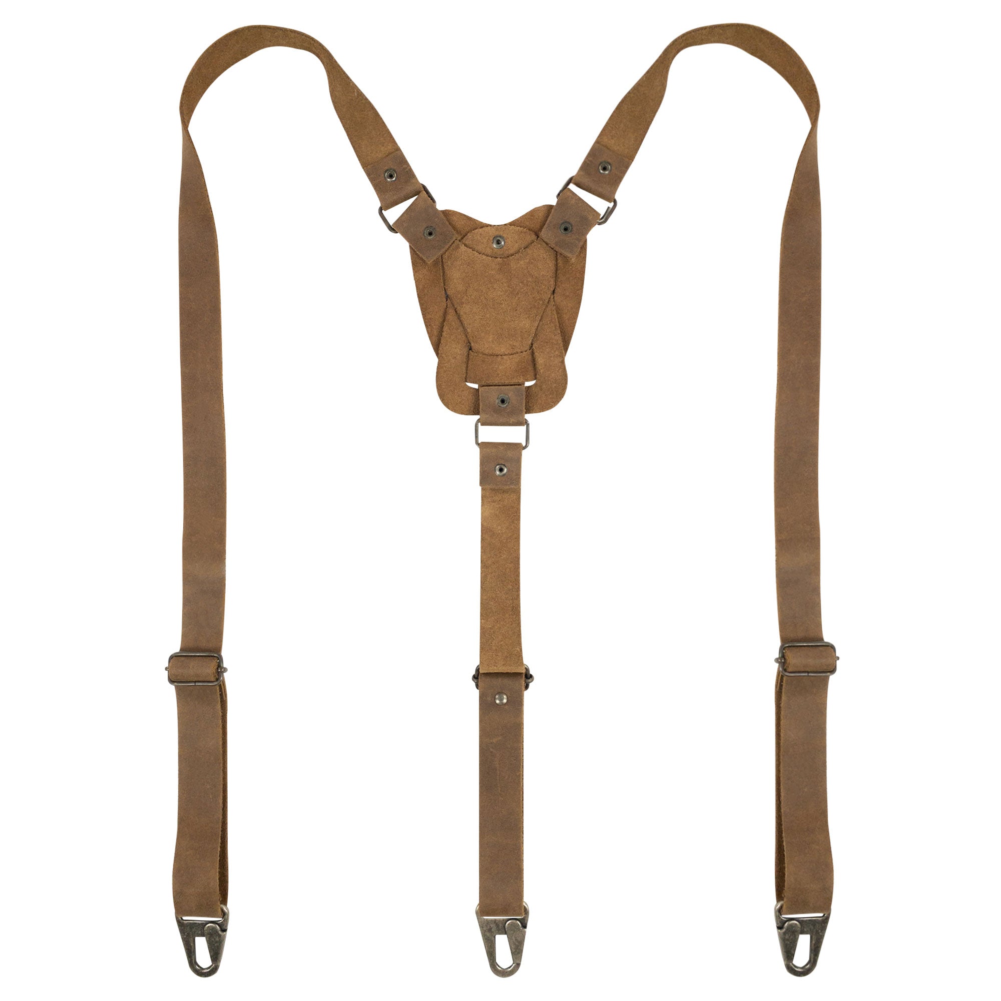 Stylish Rustic Suspenders with Adjustable Size Straps for Men, made from Full Grain Leather by Hide & Groom. Perfect for weddings and Steampunk looks, these suspenders showcase artisan craftsmanship with a hand cut and hand sewn finish. Designed for durability, ideal for small batch production enthusiasts.