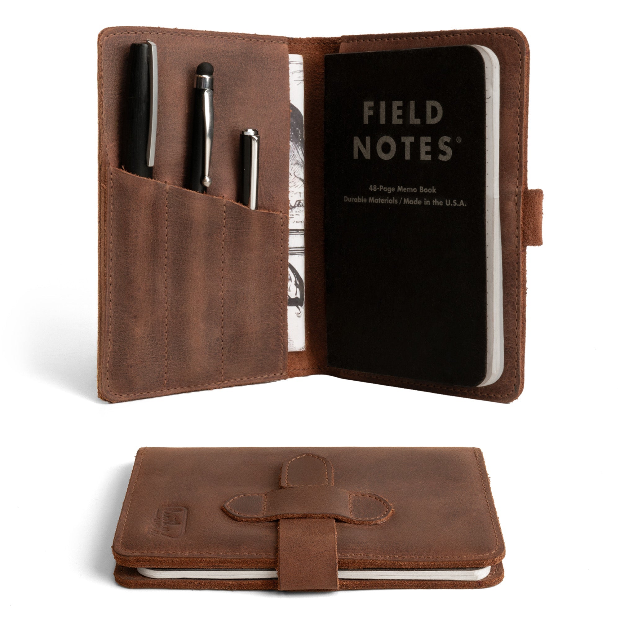 Leather Worx Field Notes Cover 3.5 x 5.5 in. Cover with Pen Slots, showcasing a stylish and functional Full Grain Leather Cover for Field Notes (3.5 x 5.5 in.) with Pen Slots. This notebook case features pen slots, making it perfect for on-the-go use. Ideal as a sleeve for your notebook, it reflects StockyardX's commitment to small batch production and handmade craftsmanship in La Antigua Guatemala and Oaxaca Mexico.