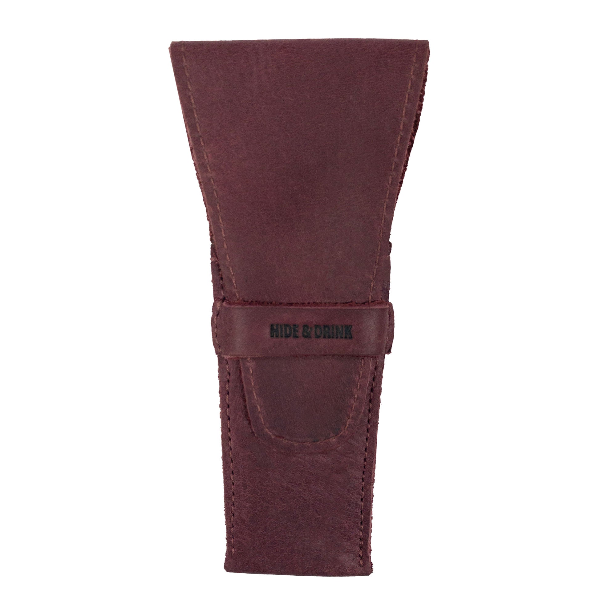 Front view of a maroon Hide & Drink Safety Razor Case, highlighting its Full Grain Leather quality and artisan craftsmanship for personal care.