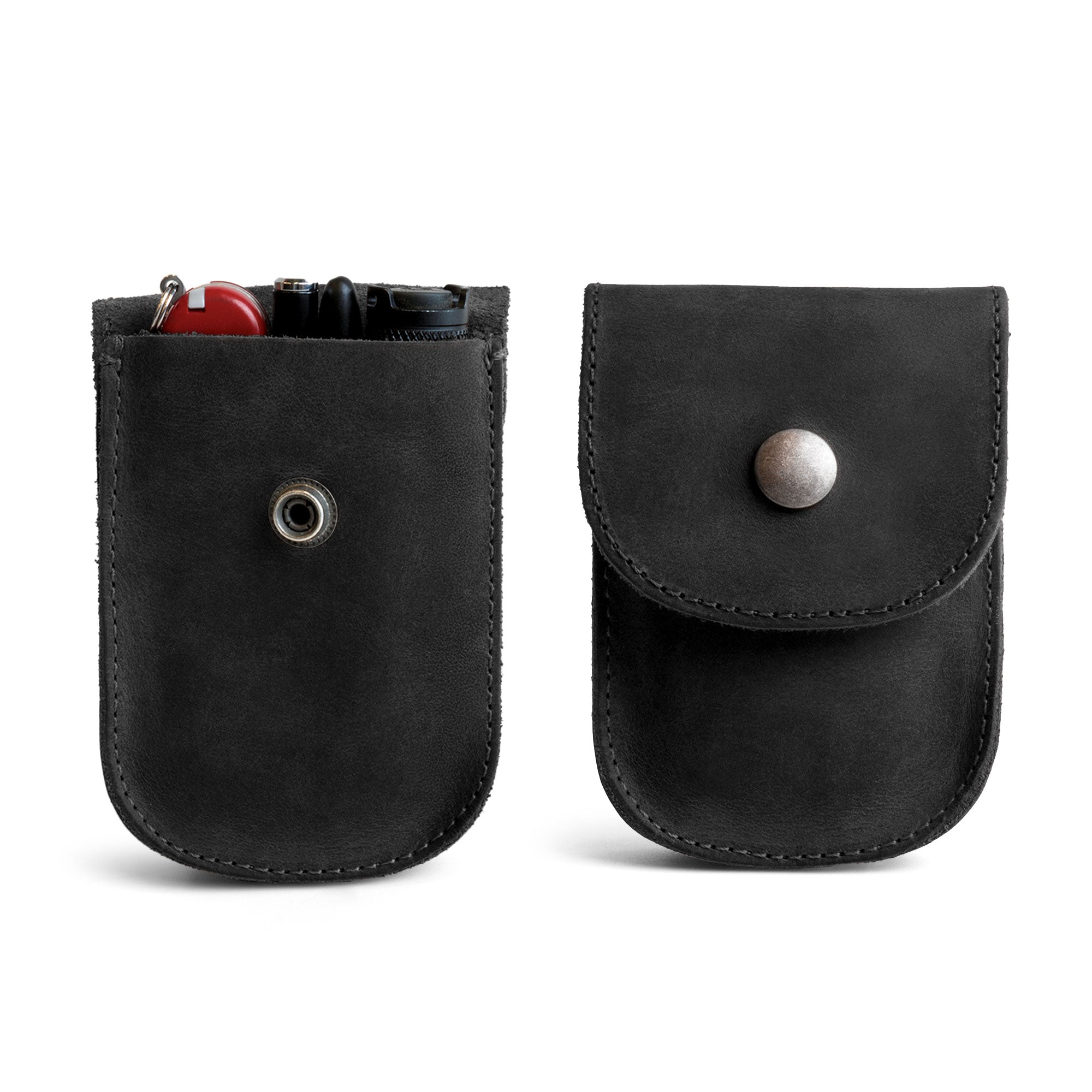 Black Holster Pouch by Hide & Drink shown in both open and closed views, ideal for personal items. Crafted from durable full grain leather, this pouch is hand sewn and fire branded, embodying small batch artisan production from La Antigua Guatemala.