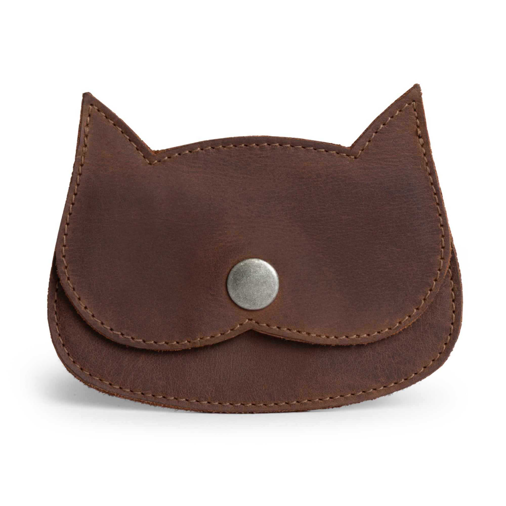 Hide & Drink Leather Cat Wallet in brown, crafted from Full Grain Leather. This Cat-Shaped Wallet serves as a Coin Pouch and Money Holder, ideal for organizing bills while traveling. A perfect small batch production, hand-cut and hand-sewn accessory made by artisans in La Antigua Guatemala & Oaxaca Mexico.