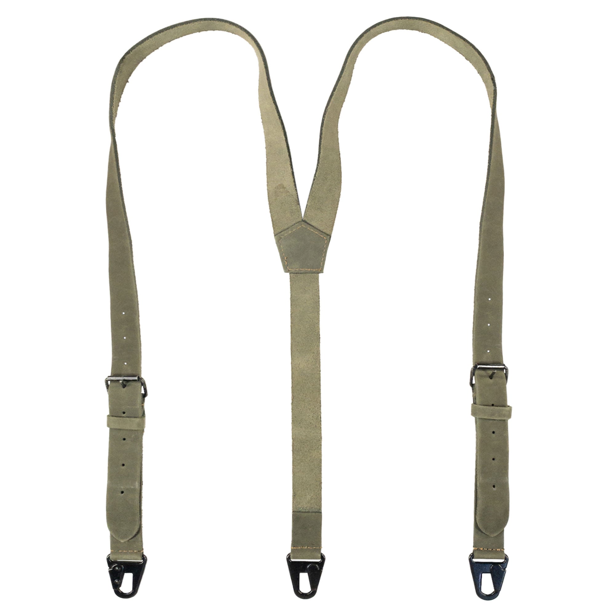 Hide & Drink Rustic Slim Suspenders in olive color with unique X back design for optimal shoulder support. Ideal for formal events like weddings, showcasing artisan workmanship.