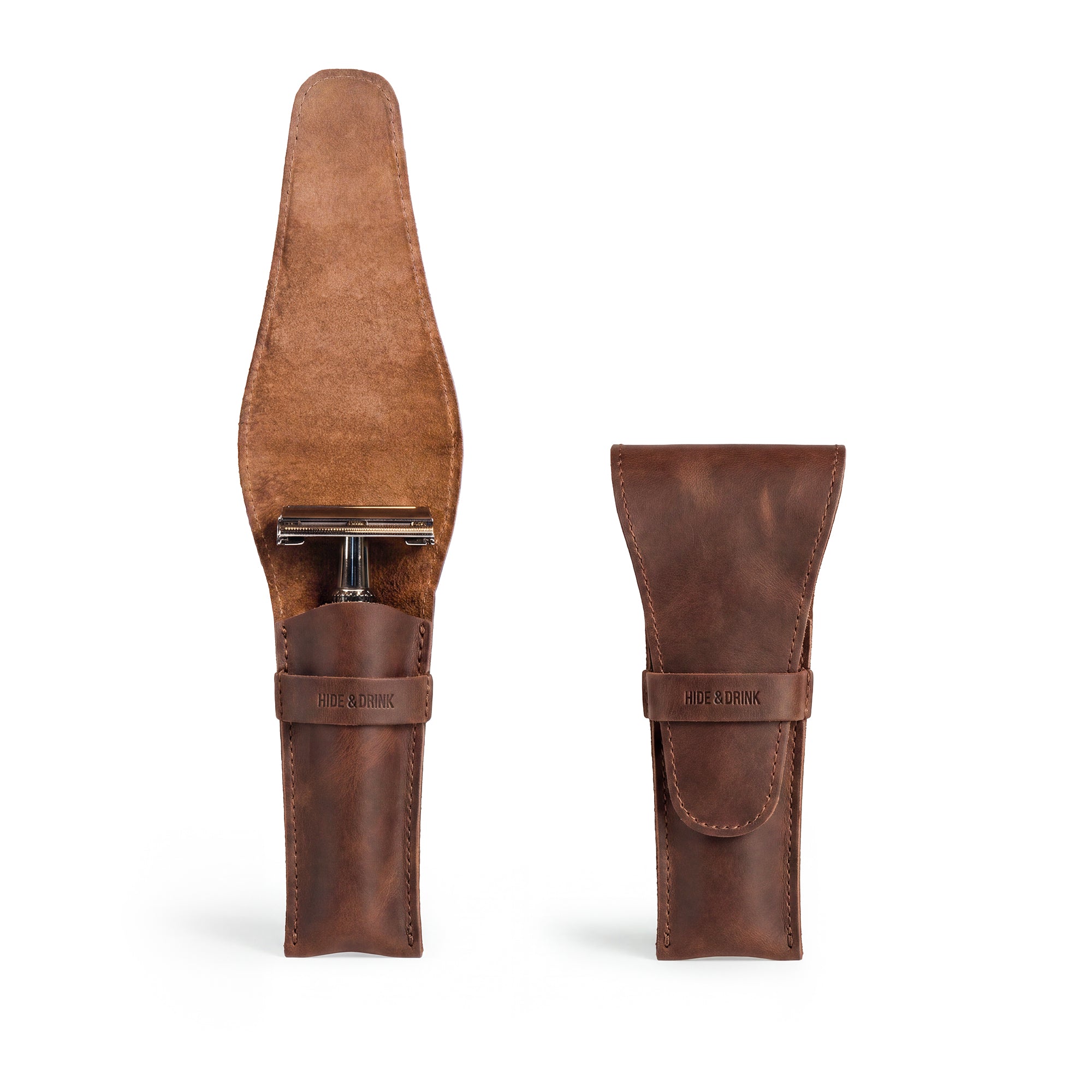 Safety Razor Case by Hide & Drink, a premium Full Grain Leather accessory, perfect for personal care and shaving. This handmade Safety Razor Case features artisan craftsmanship and is designed for modern travelers, making it a must-have in your grooming kit.
