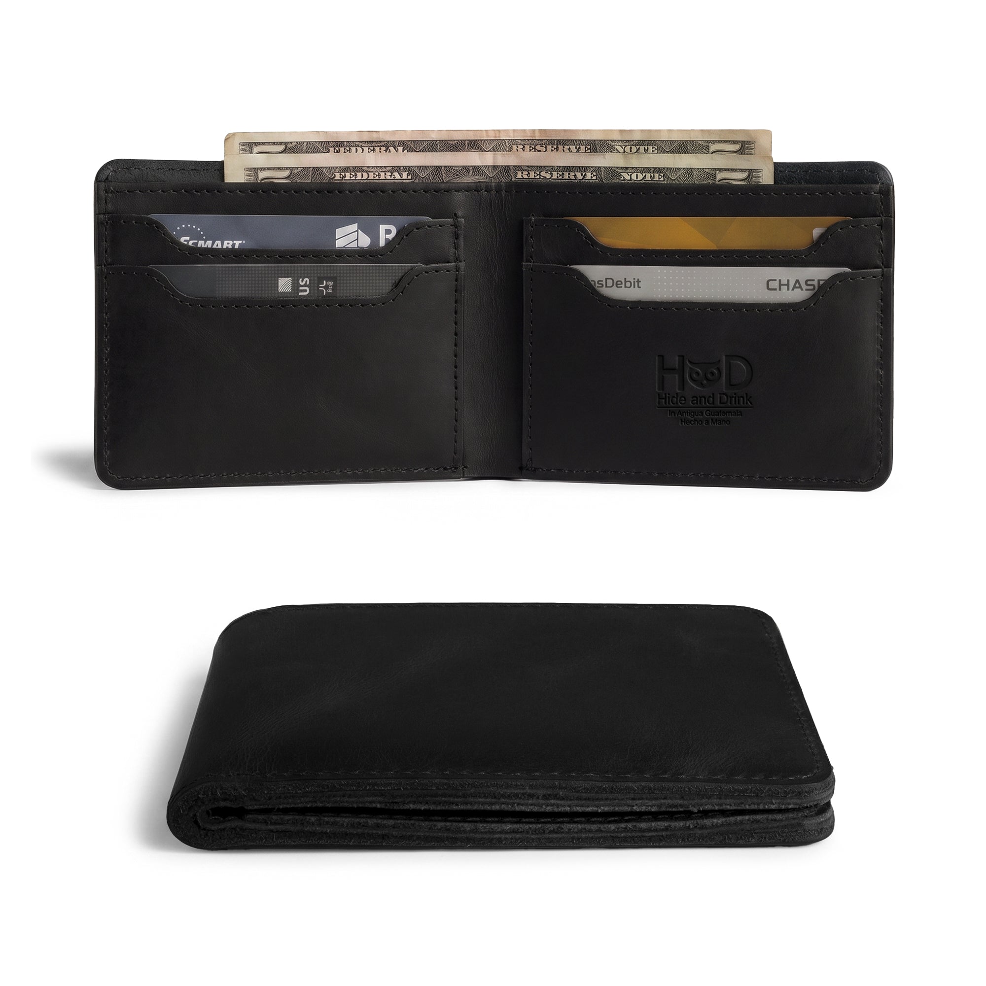 Close-up shot of the dark brown Classic Wallet from Hide & Drink with a visible edge. This Classic Bifold Wallet offers a durable storage case for identification, crafted from Full Grain Leather. Perfect for those on the go, it represents artisan small batch production methods, hand cut and sewn in La Antigua Guatemala & Oaxaca Mexico.