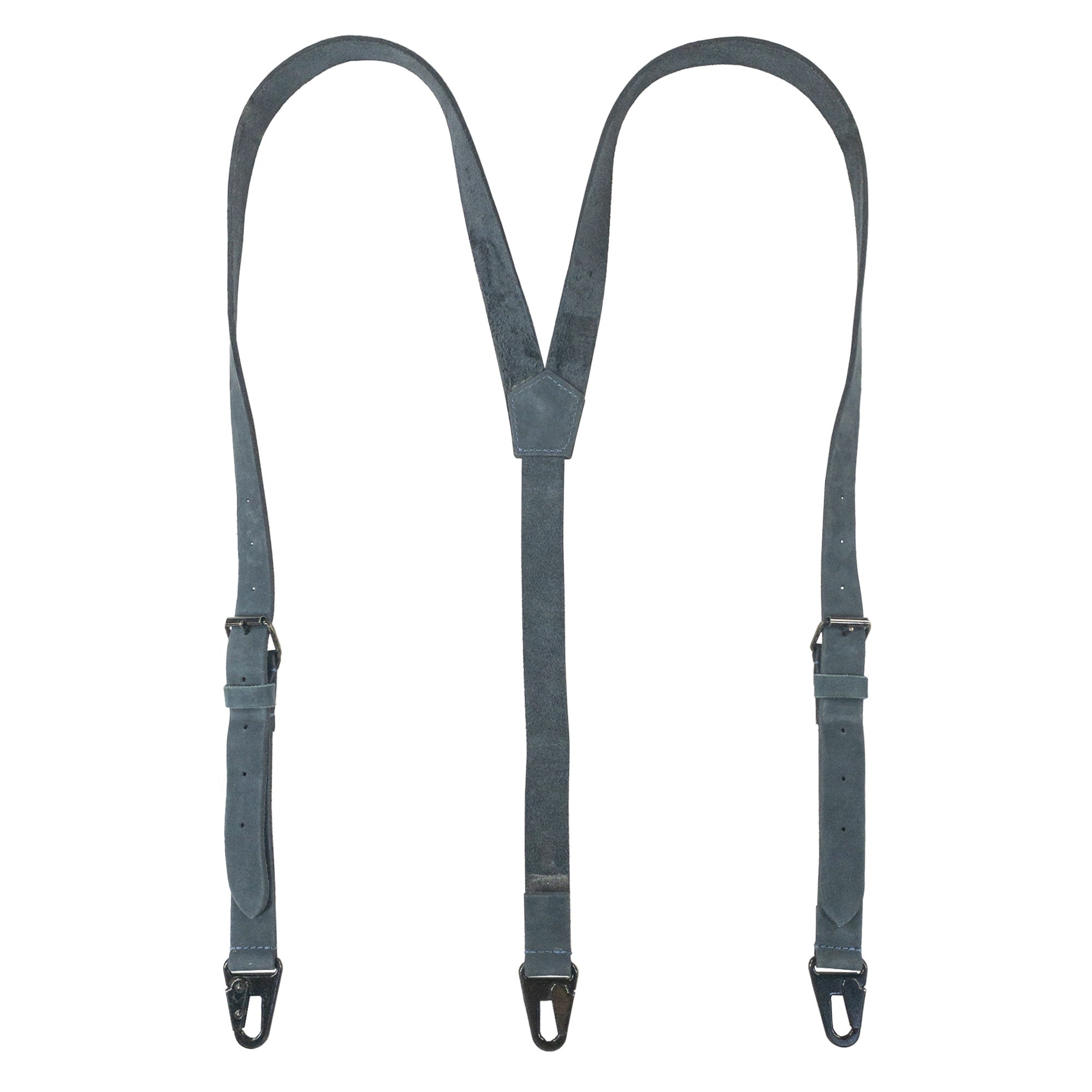 Hide & Drink Rustic Slim Suspenders in blue suede, highlighting their unique X back design and added shoulder support. Perfect formal accessory for weddings, crafted with care in La Antigua Guatemala.