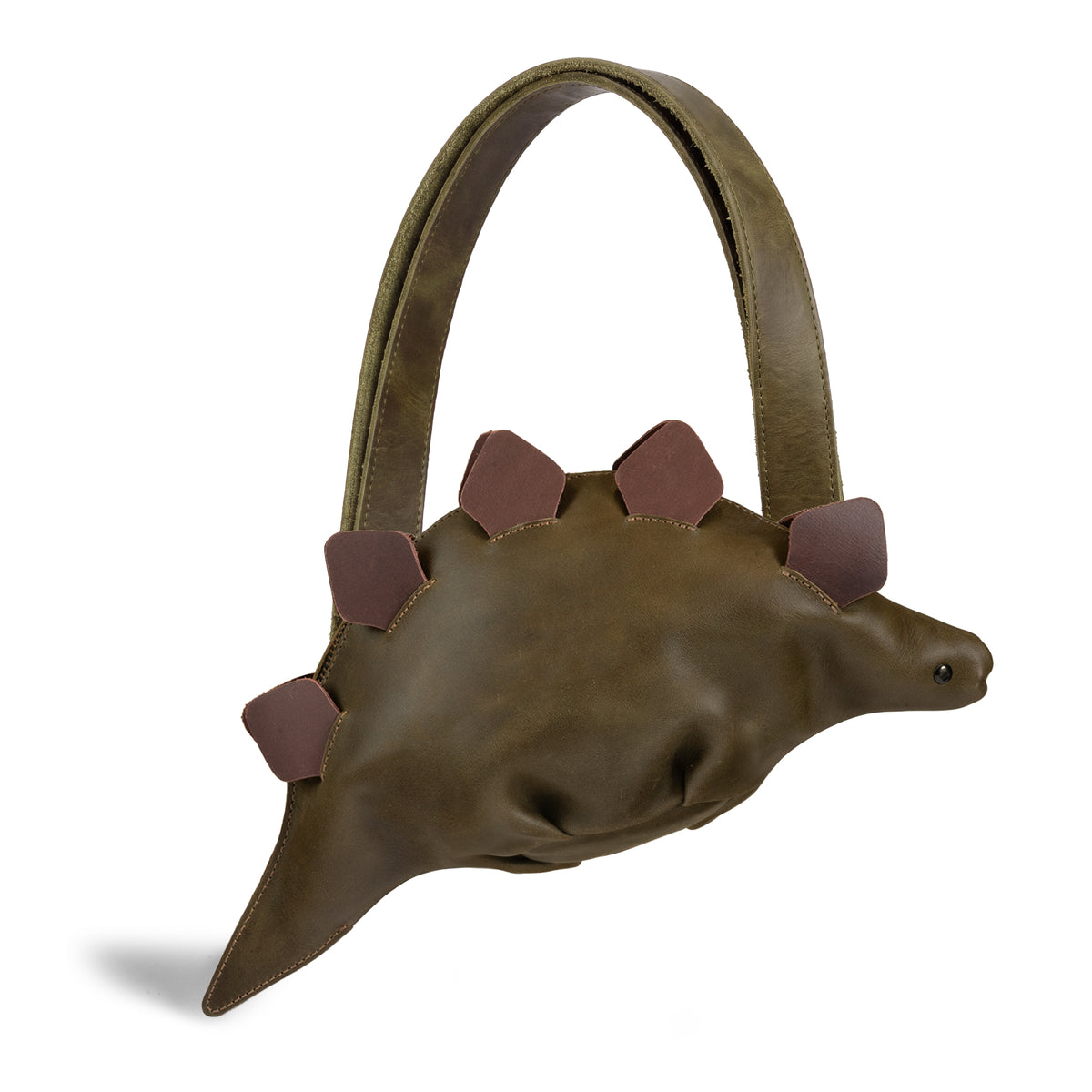 Tudi Frudi Leather Dinosaur Stegosaurus Crossbody, a Jurassic Bag and playful Shoulder Bag made from Full Grain Leather with Small Batch Production, Hand Cut and Hand Sewn Artisan craftsmanship, Handmade in La Antigua Guatemala & Oaxaca Mexico, featuring Fire Branded details by StockyardX.