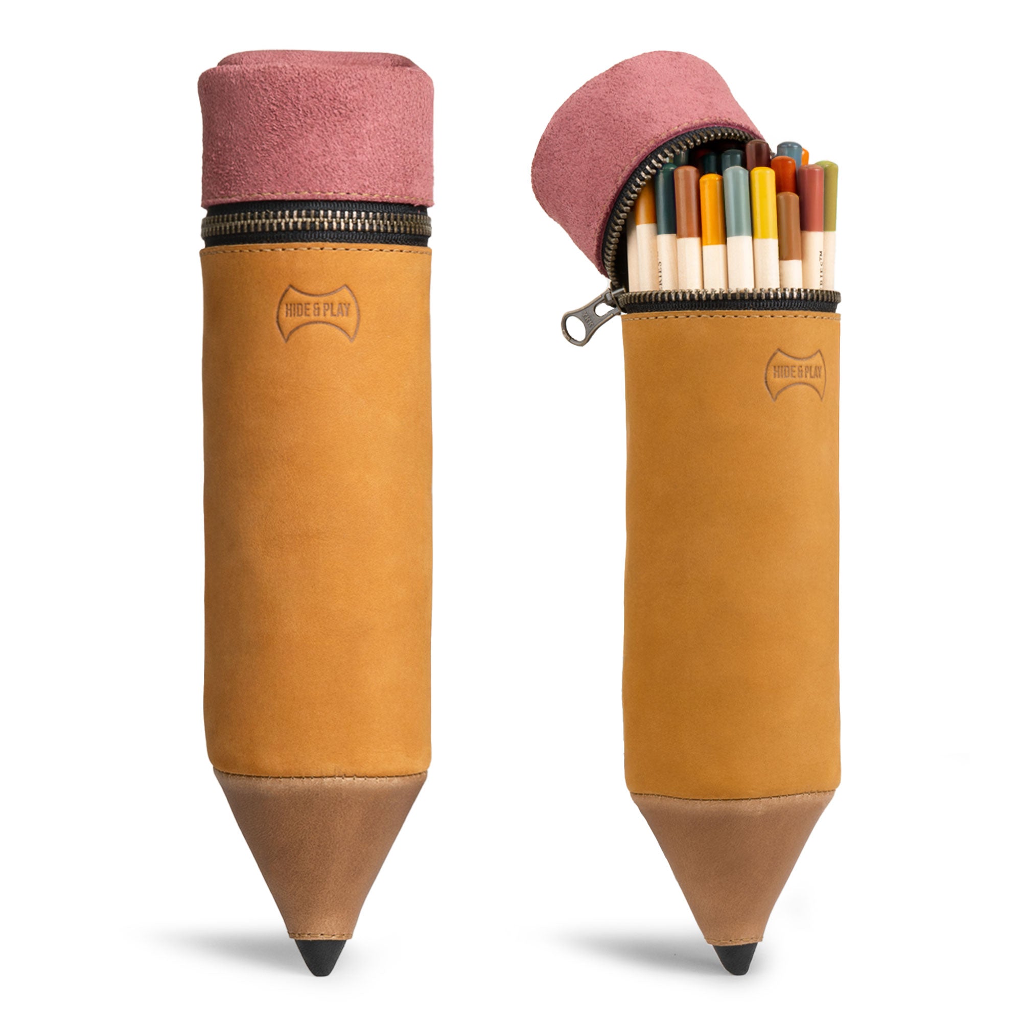 Introducing the unique Pencil-Shaped Case from Hide & Play, designed for pens, pencils, markers, and office accessories. This zippered bag showcases premium full grain leather, emphasizing small batch production with hand cut and hand sewn elements. Artisan craftsmanship shines through in this handmade product from La Antigua Guatemala & Oaxaca Mexico.