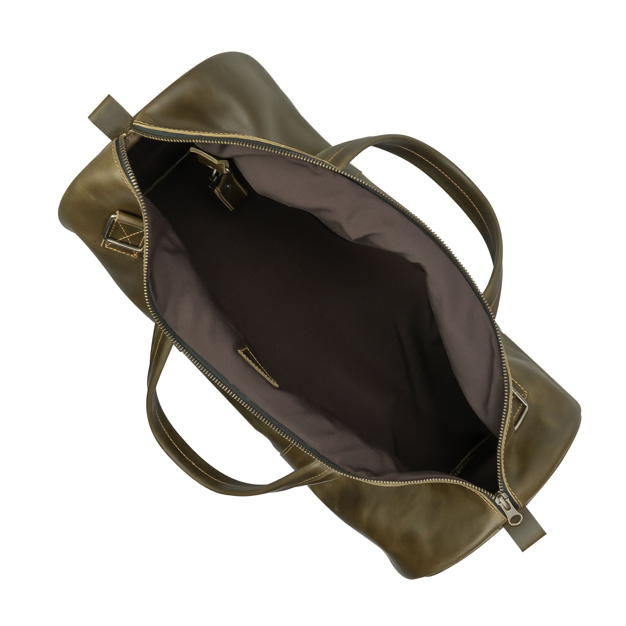 Close-up view of the Classic Duffle Bag by Hide & Drink in dark green leather, highlighting craftsmanship and zipper closure features. This Full Grain Leather Classic Duffle Bag serves as a versatile Messenger Bag with an adjustable strap, handmade in La Antigua Guatemala & Oaxaca Mexico.