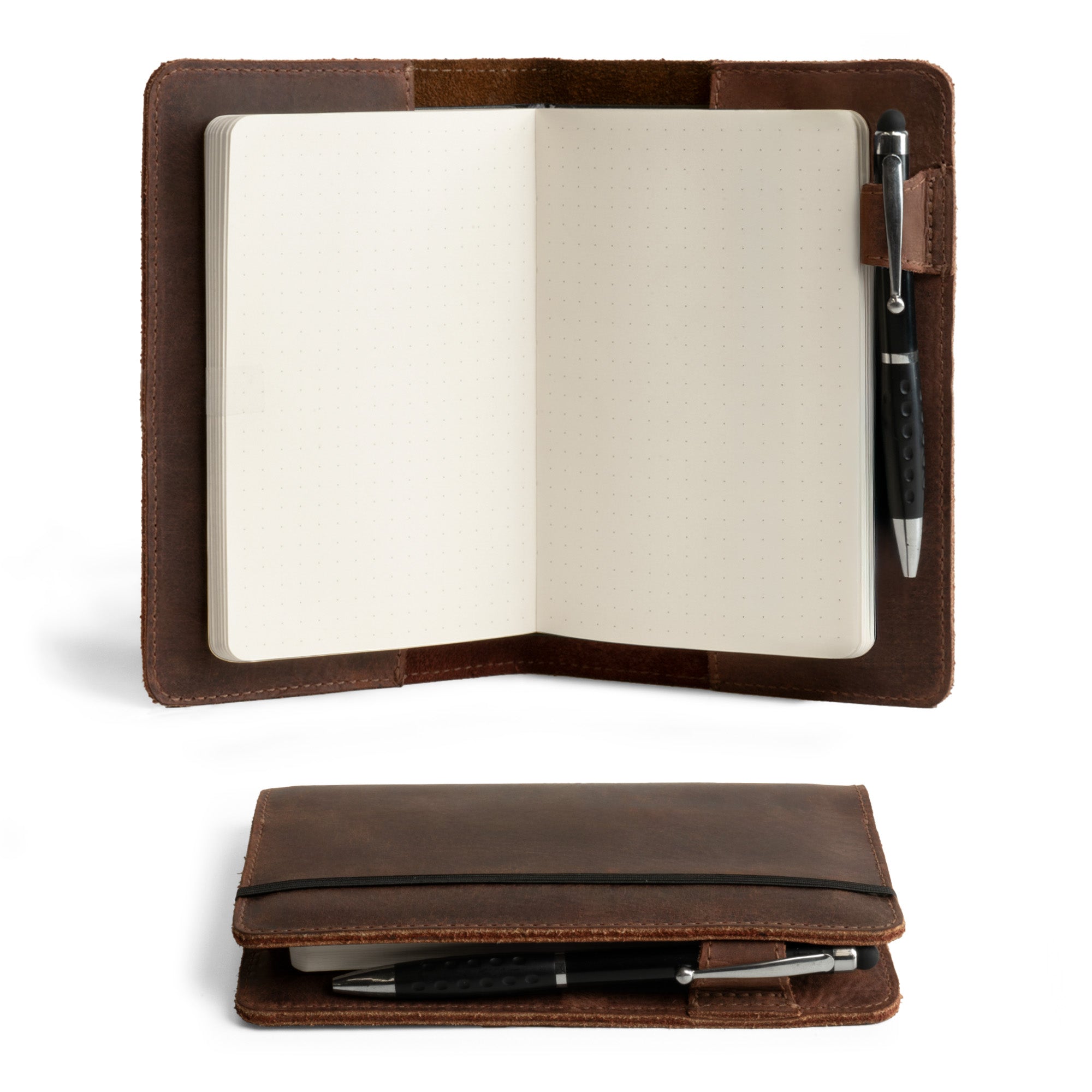 Leuchtturm A6 Hardcover Case by Hide & Drink, showcasing the leather interior with a notepad, designed as a Leather A6 Notebook Cover for Leuchtturm 3.6 x 5.9 in. Ideal refillable mini planner case and travel journal cover for men; perfect for Moleskine & Hobonichi, and a travelers pocket portfolio binder.