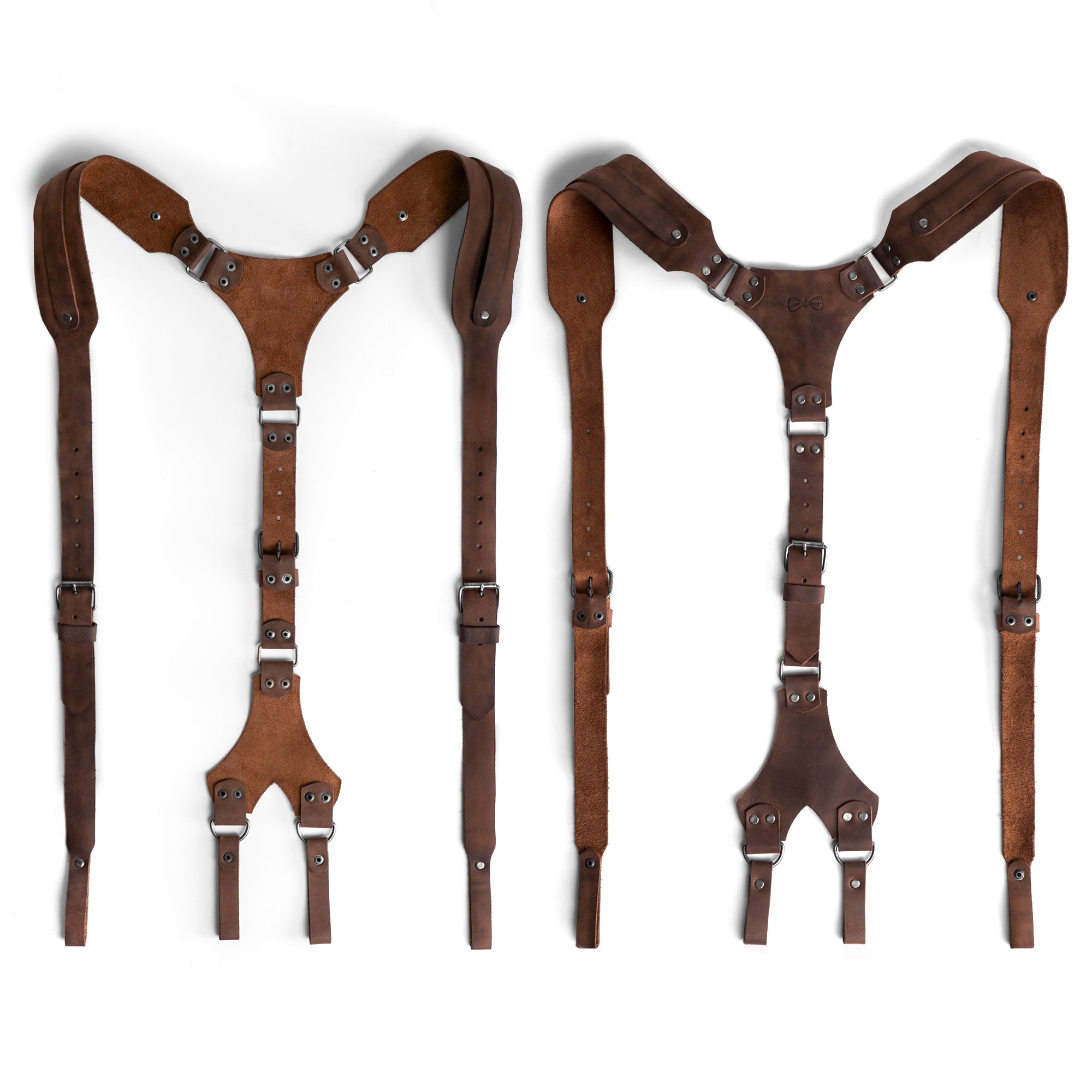 Handmade Armageddon Suspenders from Hide & Groom showcase riveted suspenders with adjustable size straps made from full grain leather, emphasizing small batch production. Each piece is hand cut, hand sewn, and fire branded by artisans in La Antigua Guatemala & Oaxaca Mexico.