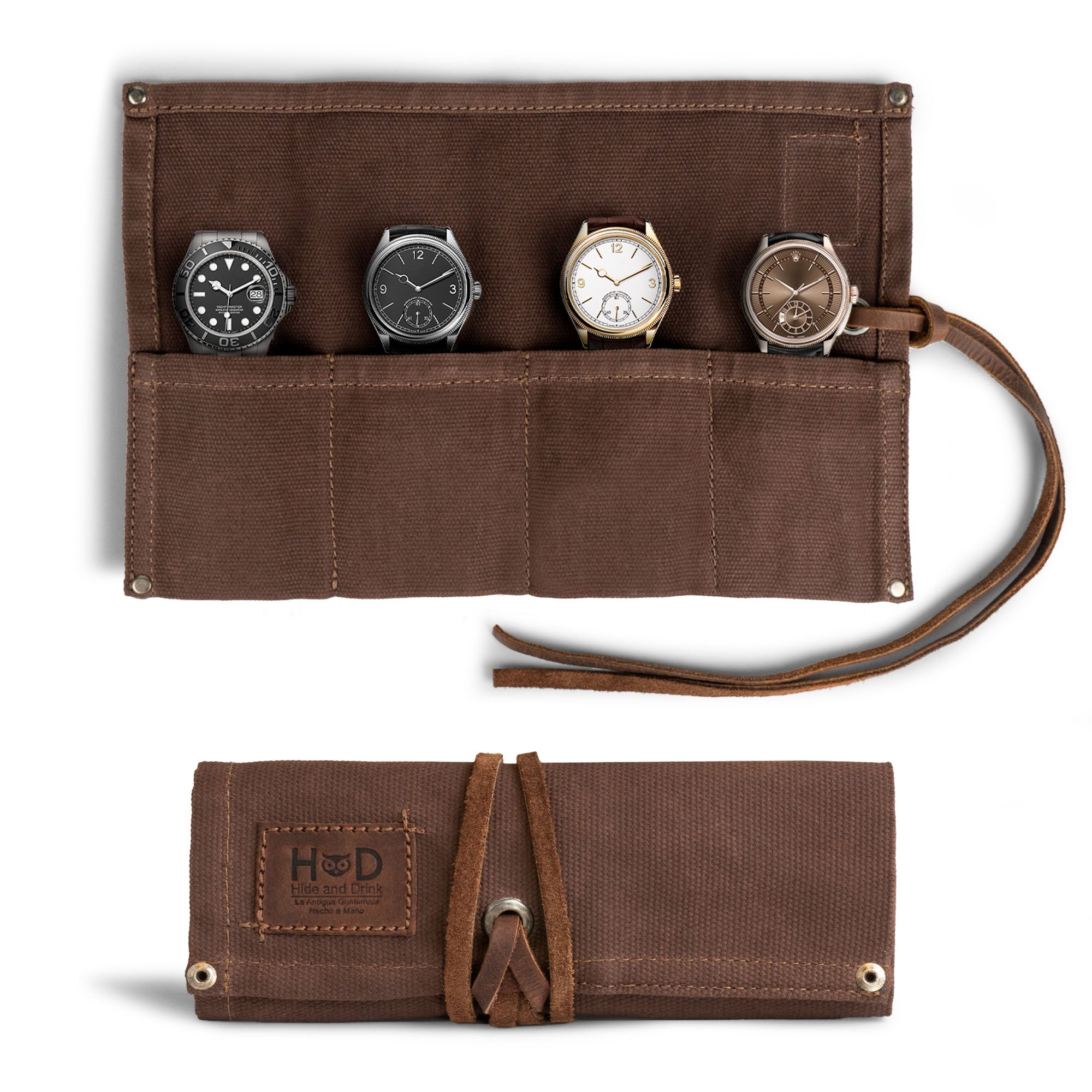 A beautifully arranged Waxed Canvas Watch Roll by Hide & Drink displaying four watches. This handmade watch organizer combines elegant design with functionality for travelers.