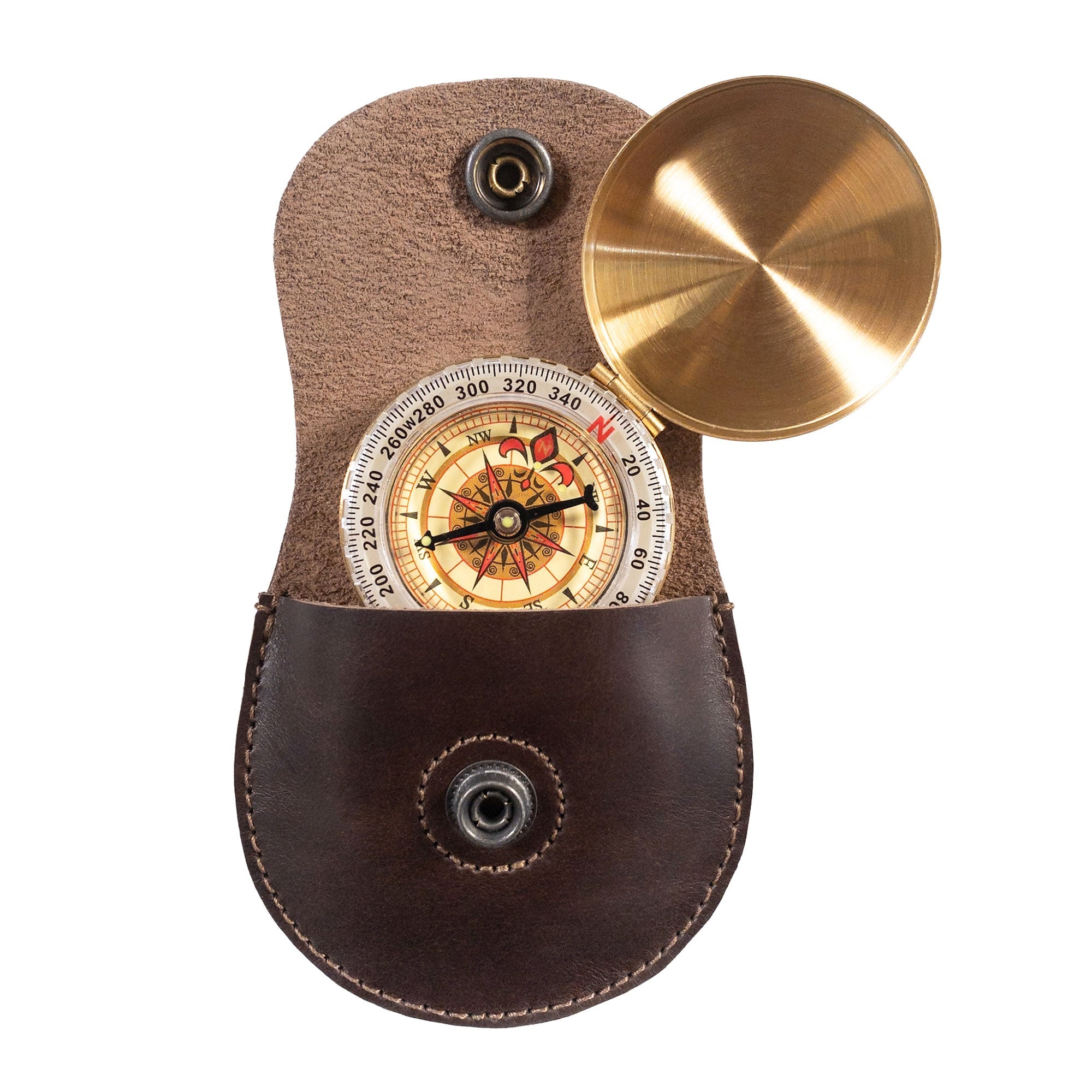 La Antigua Compass Case featuring a classic pouch design, perfect protective bag with loop for outdoor accessories. Made from full grain leather, this artisan-made case is hand cut and sewn, fire branded, and showcases small batch production craftsmanship from La Antigua Guatemala & Oaxaca Mexico.