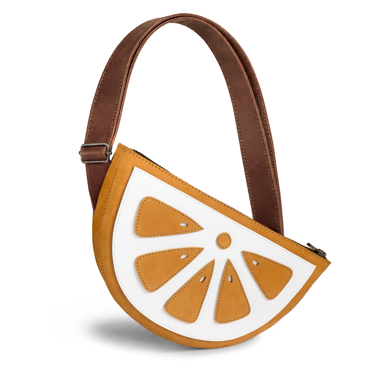 Tudi Frudi Lemon Crossbody, a Lemon Crossbody Bag and Shoulder Bag with a playful lemon slice design, crafted from Full Grain Leather for StockyardX with Small Batch Production, Hand Cut, Hand Sewn, Fire Branded, Artisan craftsmanship, Handmade in La Antigua Guatemala & Oaxaca Mexico.