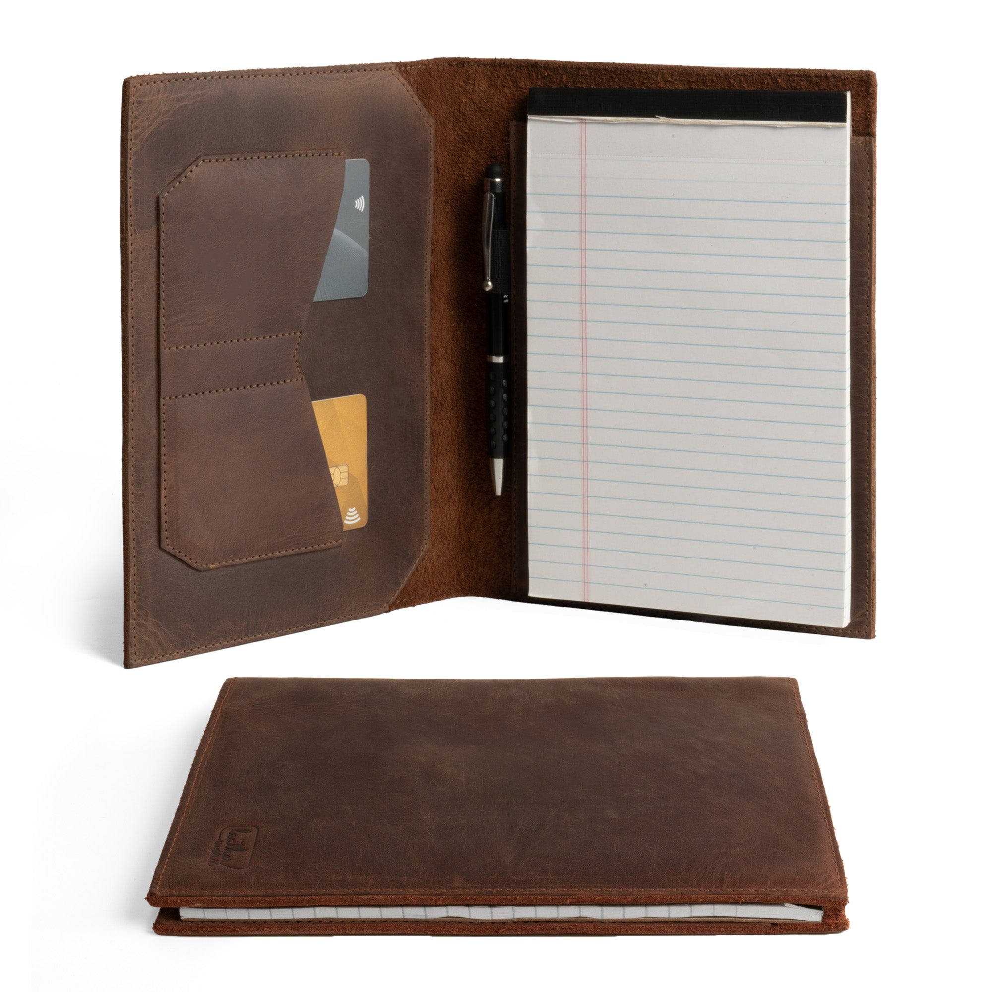 Leather Worx Notepad Case 5 x 8 In. showcasing a full grain leather exterior with an interior for storing cards and a notepad. Notepad Cover (5 x 8 In. Notepad Not Included) Sturdy, Durable Material Perfect for Storing Journal, Full Grain Leather, StockyardX, Small Batch Production, Hand Cut, Hand Sewn, Fire Branded, Artisan, Handmade in La Antigua Guatemala & Oaxaca Mexico.