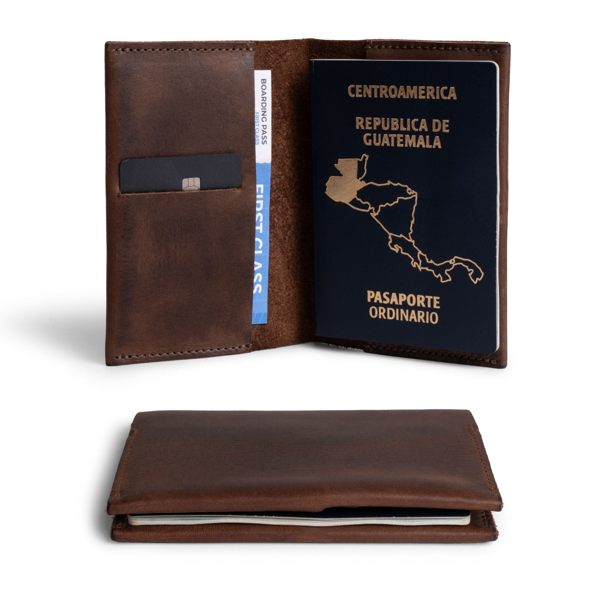 Passport Case With Card Holder by Hide & Drink, showcasing a stylish design with a credit card slot and bills holder, perfect for travelers, made of durable full grain leather. This handmade item is a great addition to your travel essentials, featuring small batch production, artisan craftsmanship, and fire branded detailing, handmade in La Antigua Guatemala & Oaxaca Mexico.