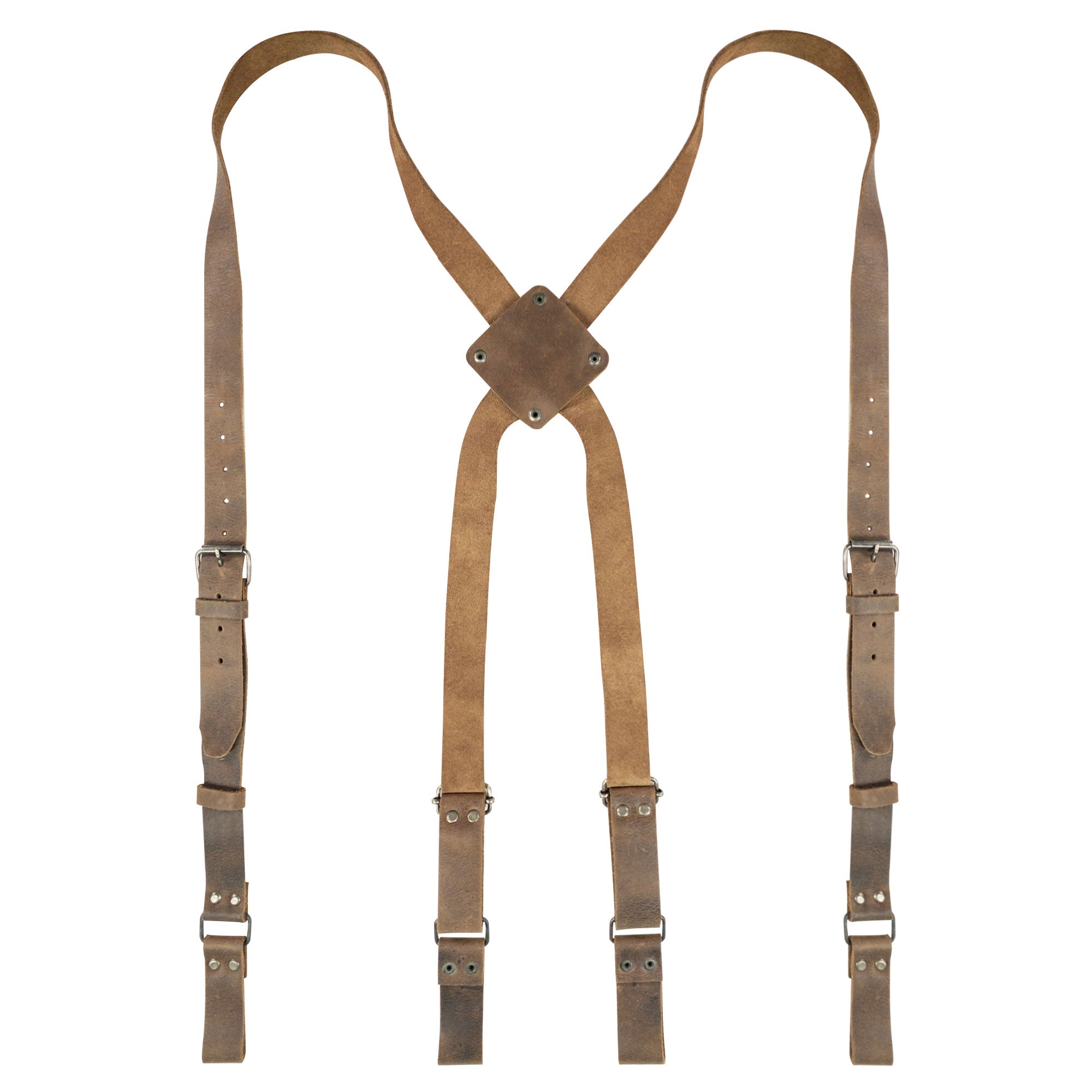 A pair of X Back Suspenders with Belt Loops from Hide & Groom, made of Full Grain Leather. These stylish Broom Accessories are perfect for weddings, bestman attire, and formal occasions. Handmade in La Antigua Guatemala & Oaxaca Mexico, they feature artisan craftsmanship with hand cut and hand sewn details, showcasing a classic design ideal for any outfit.