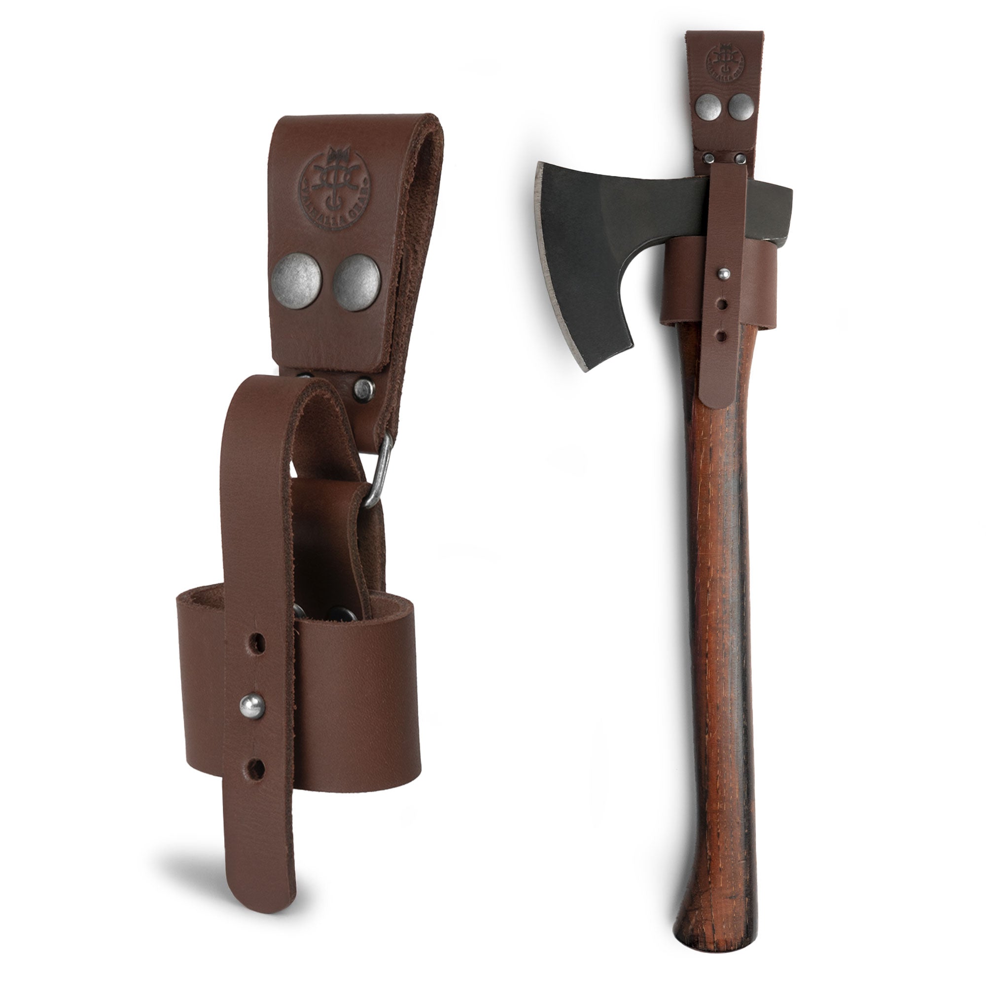 Valhalla Gear Axe Holder with Belt Loop showcasing a rustic design made from full grain leather, perfect as a waist holder for axes and hip holster for tools. This handmade accessory is crafted in La Antigua Guatemala with a focus on small batch production, ensuring durability and quality.