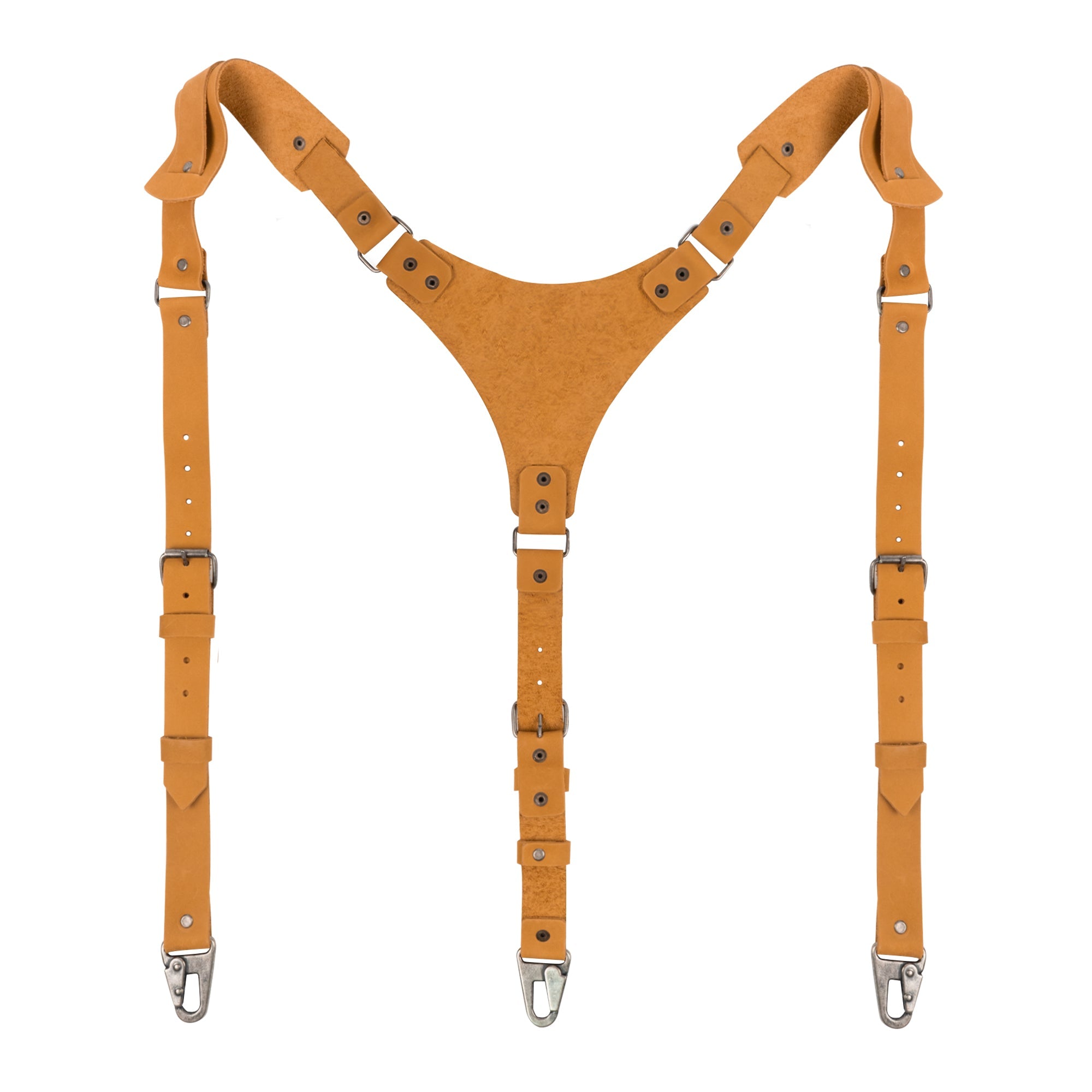 Hipster Suspender with Adjustable Straps in a bright yellow color by Hide & Groom made of quality Full Grain Leather. These Hipster Style Suspenders with Adjustable Straps are crafted through Small Batch Production, featuring Hand Cut, Hand Sewn, and Fire Branded craftsmanship that showcases artisan quality handmade in La Antigua Guatemala & Oaxaca Mexico.