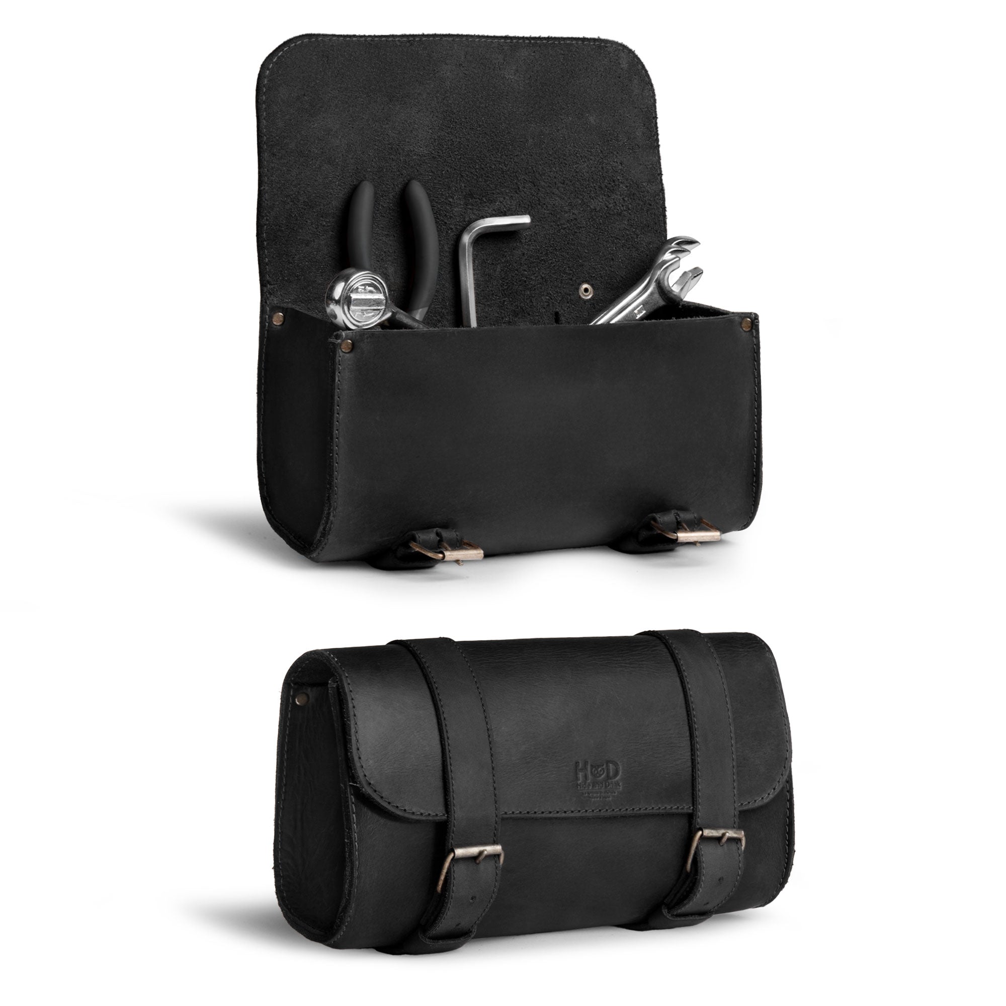 Hide & Drink Leather Motorcycle Tool Bag showcasing rich leather tones, tailored with Full Grain Leather for motorcyclists needing a reliable Biker Bag for Tools and Essentials. This expertly designed Handlebar Bag with Adjustable Straps provides an effective Tool Organizer, highlighting artisan craftsmanship from La Antigua Guatemala & Oaxaca Mexico.