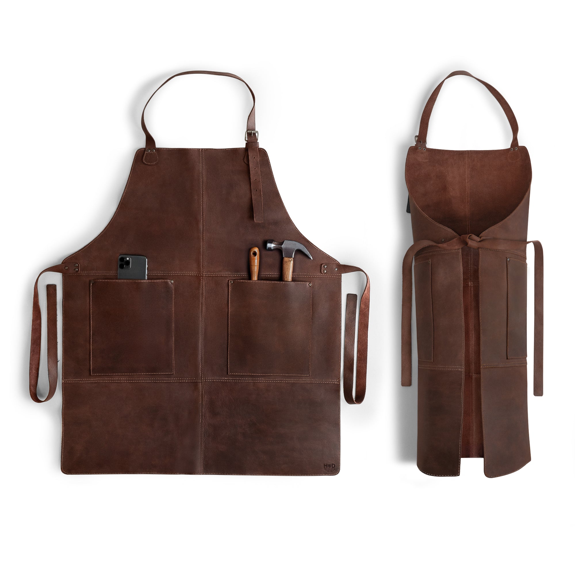 Hide & Drink Leather Apron featuring rustic design with large pockets and adjustable straps, crafted from full grain leather. This durable Leather Apron is perfect for various uses. Handmade in La Antigua Guatemala & Oaxaca Mexico.