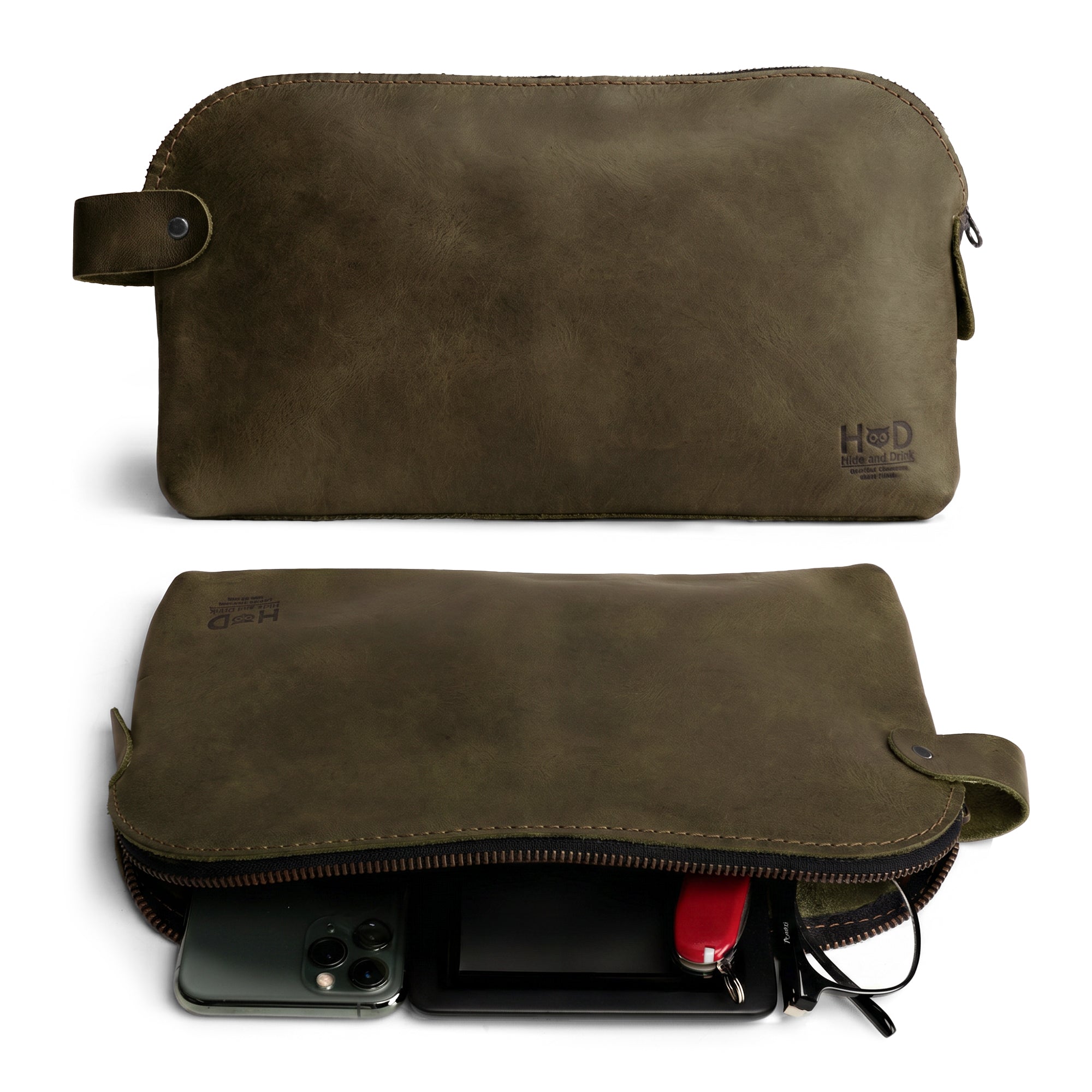 Dopp Kit Utility Bag by Hide & Drink showcasing its versatile nature and practical design. This large rustic all-purpose Dopp Kit Utility Bag is crafted from full grain leather, emphasizing artisanal methods like hand cut and hand sewn, handmade in La Antigua Guatemala & Oaxaca Mexico.