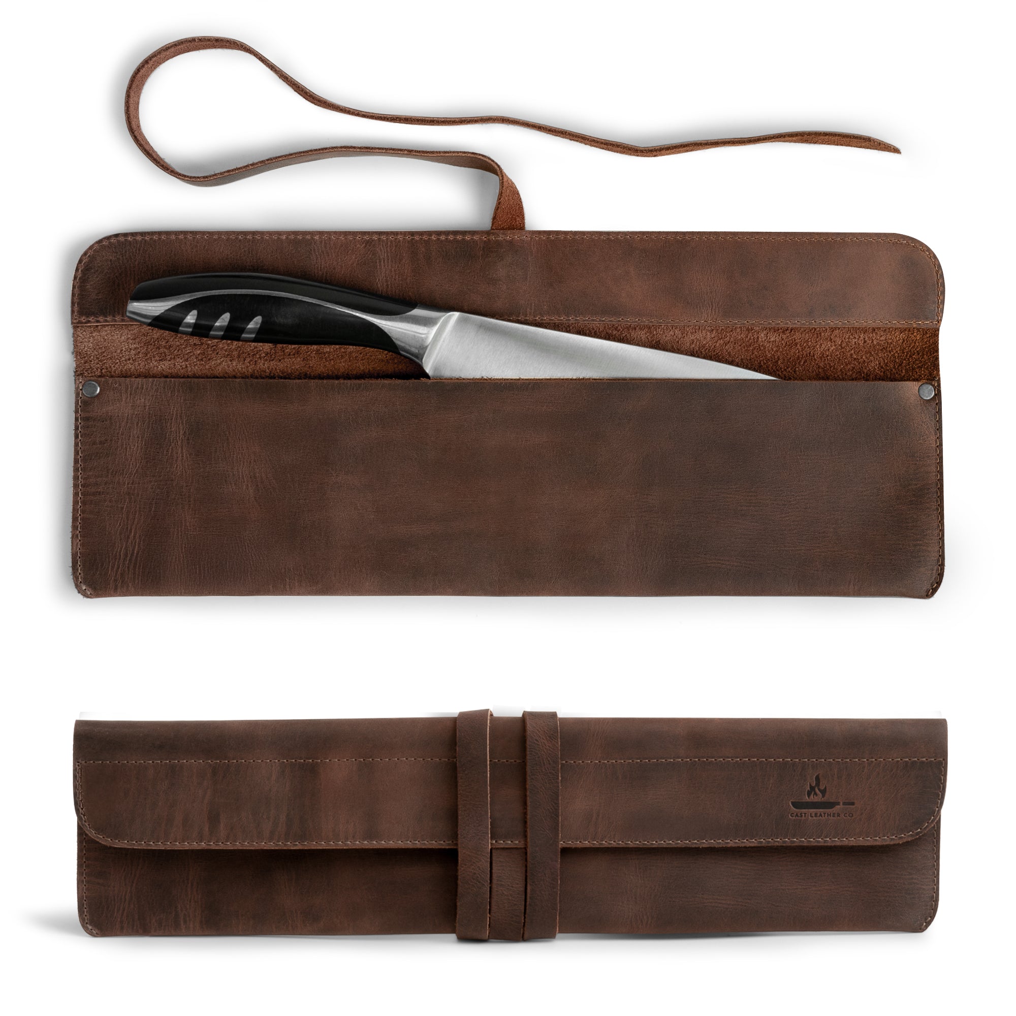 Cast Leather Co. Single Leather Knife Case showcasing a beautiful brown exterior, featuring a secured compartment for knives. This leather chef knife sheath is perfect for professional chefs and home cooks alike, ideal for travel or storage. Built from full grain leather in La Antigua Guatemala, it combines artisan craftsmanship with practicality. Perfectly designed as a Single Case for Chef's Knives.