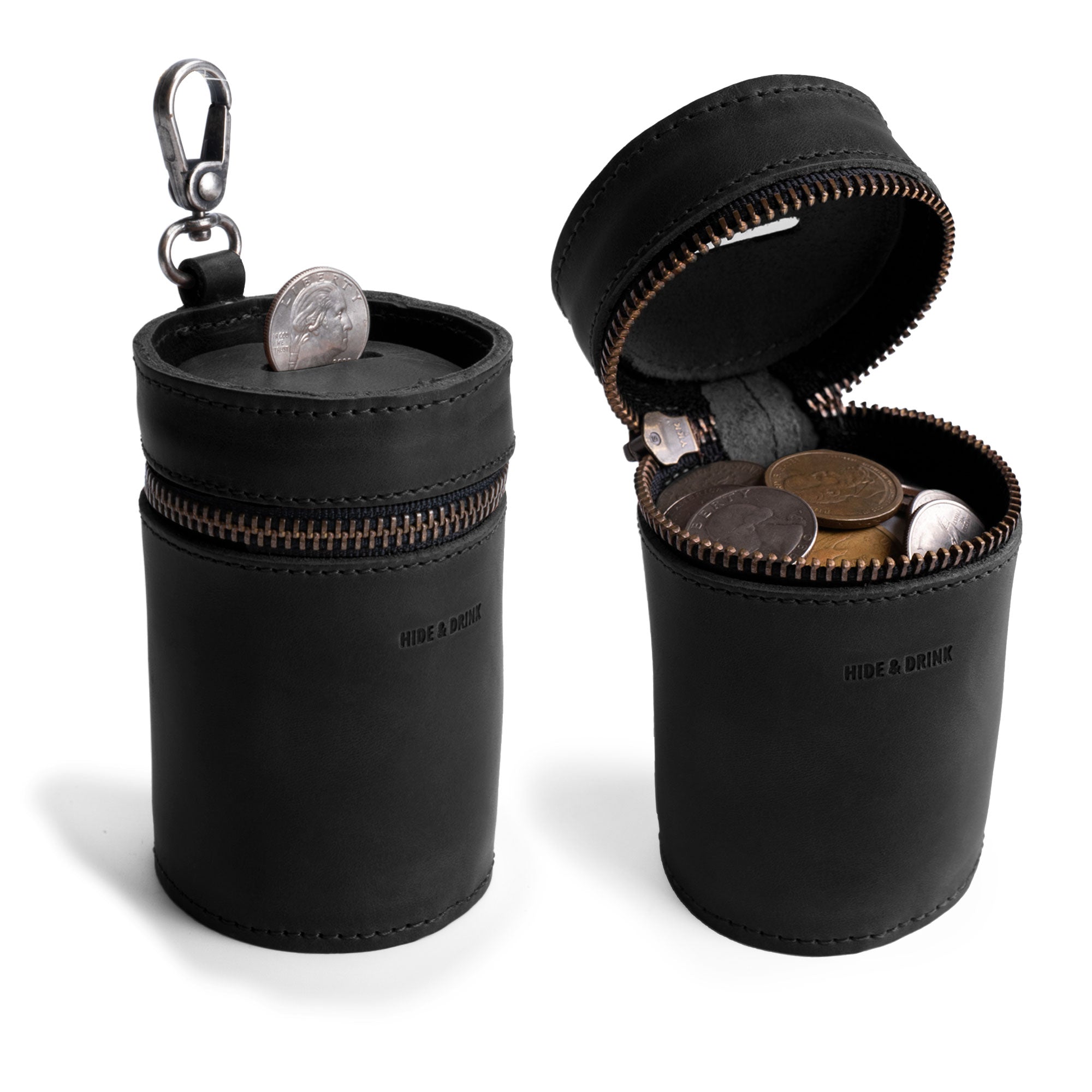 Hide & Drink's Bucket Coin Release in black leather, showcasing a dual-purpose zippered case for coins. This stylish cash holder organizer is handmade in La Antigua Guatemala, perfect as a small men's wallet for coins.