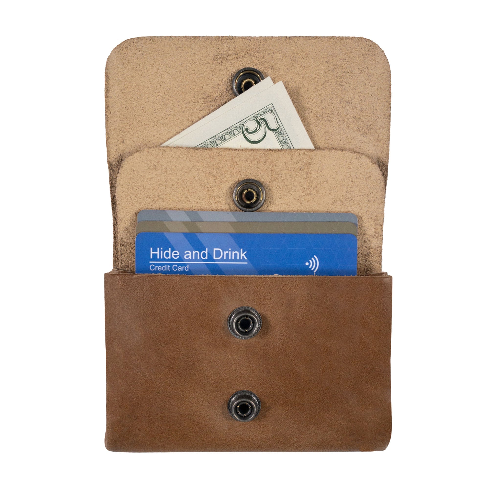 Open view of the brown Double Pouch Card Wallet by Hide & Drink with cash and cards included. This Leather Double Pouch Card Wallet is perfect for use as a card organizer, cash holder, or ID case for both men and women, crafted from Full Grain Leather in La Antigua Guatemala & Oaxaca Mexico.