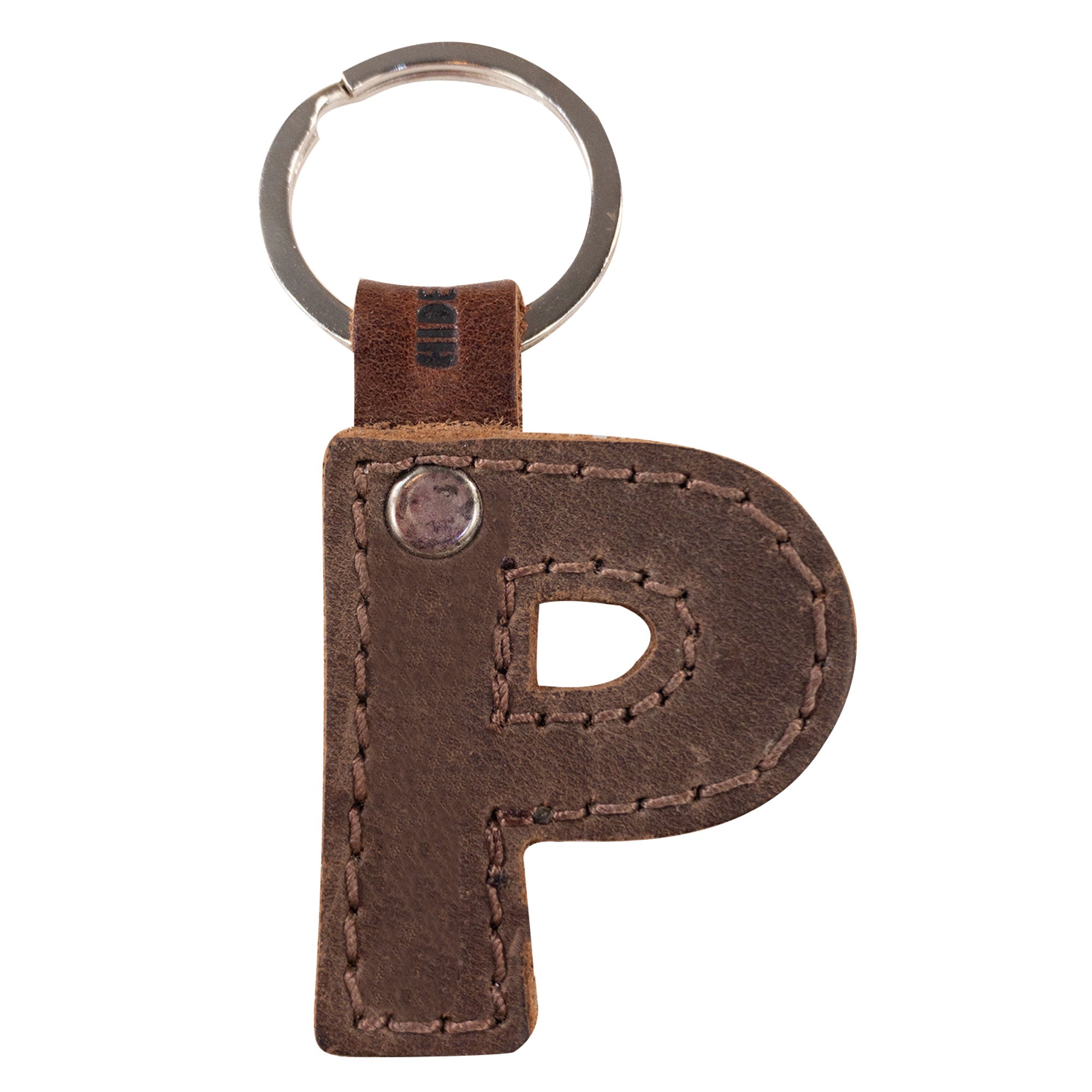 Letter P keychain showcasing its secure keyring. This stylish Alphabet Letter Keychain from Hide & Drink is crafted with thick Full Grain Leather, demonstrating the hallmark of artisan small batch production from La Antigua Guatemala.