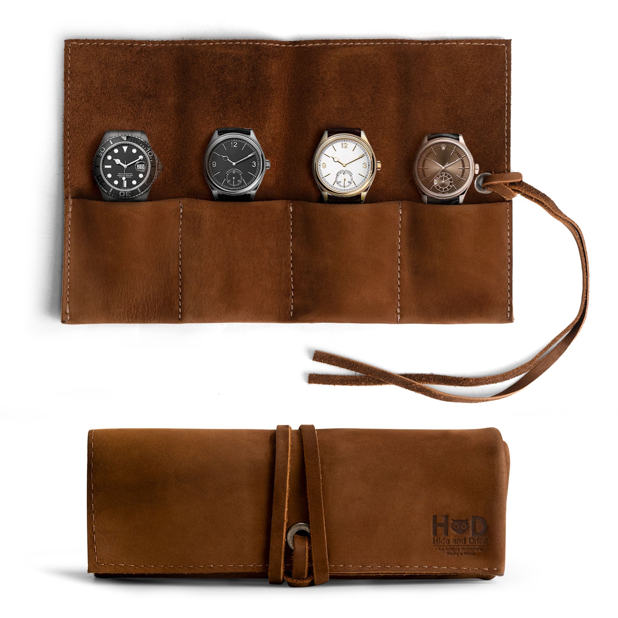Premium brown Watch Roll by Hide & Drink, designed to hold up to 4 watches. This easy carry Watch Roll Organizer is made from full grain leather, showcasing artisan craftsmanship, small batch production, hand cut, and hand sewn, fire branded in La Antigua Guatemala & Oaxaca Mexico.