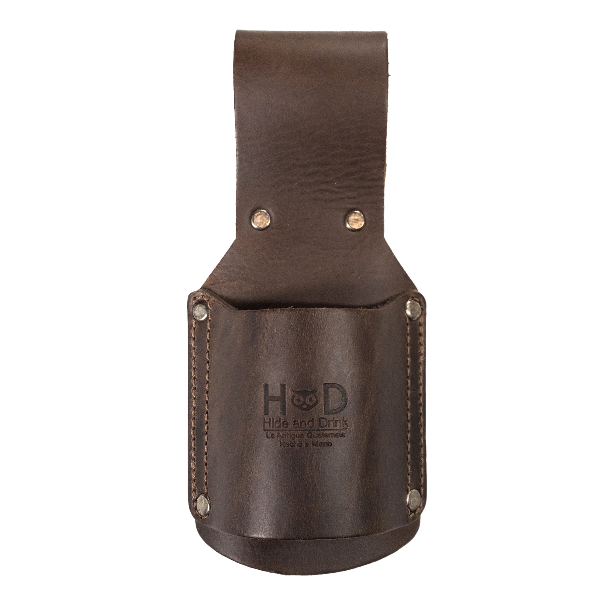 Front view of Hammer Holster by Hide & Drink, designed for electricians and construction workers, showcasing its rustic Full Grain Leather craftsmanship. Ideal for organizing tools like hammers, this sheath combines functionality with style. Hammer Holster - Electrician & Construction, Tool Holder, Organizer, Sheath, Case, Woodwork & Handcraft, Full Grain Leather, StockyardX, Small Batch Production, Hand Cut, Hand Sewn, Fire Branded, Artisan, Handmade in La Antigua Guatemala & Oaxaca Mexico.