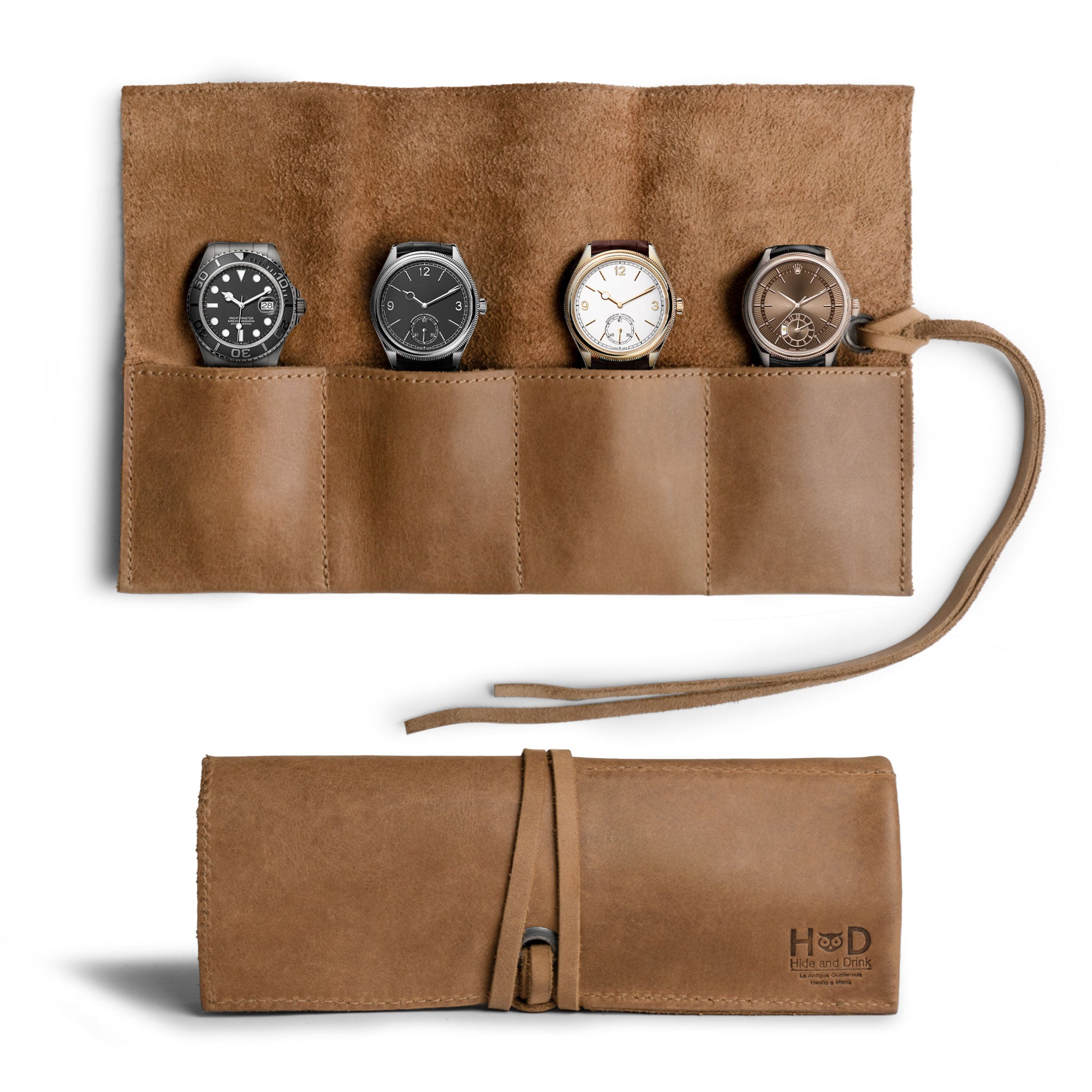 Unique brown leather Watch Roll by Hide & Drink, holds up to 4 watches. This easy carry Watch Roll Organizer is crafted with full grain leather, showcasing artisan quality from small batch production, hand cut, hand sewn, and fire branded made in La Antigua Guatemala & Oaxaca Mexico.