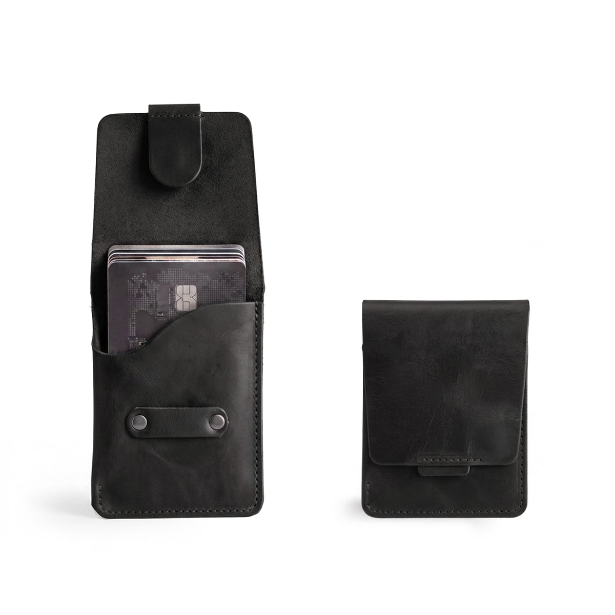Hide & Drink Slim Card Holder in black full grain leather, a sleek vertical design ideal for organizing up to 4 cards plus cash. This artisan made pocket wallet from La Antigua Guatemala features hand cut, hand sewn quality and fire branded details.