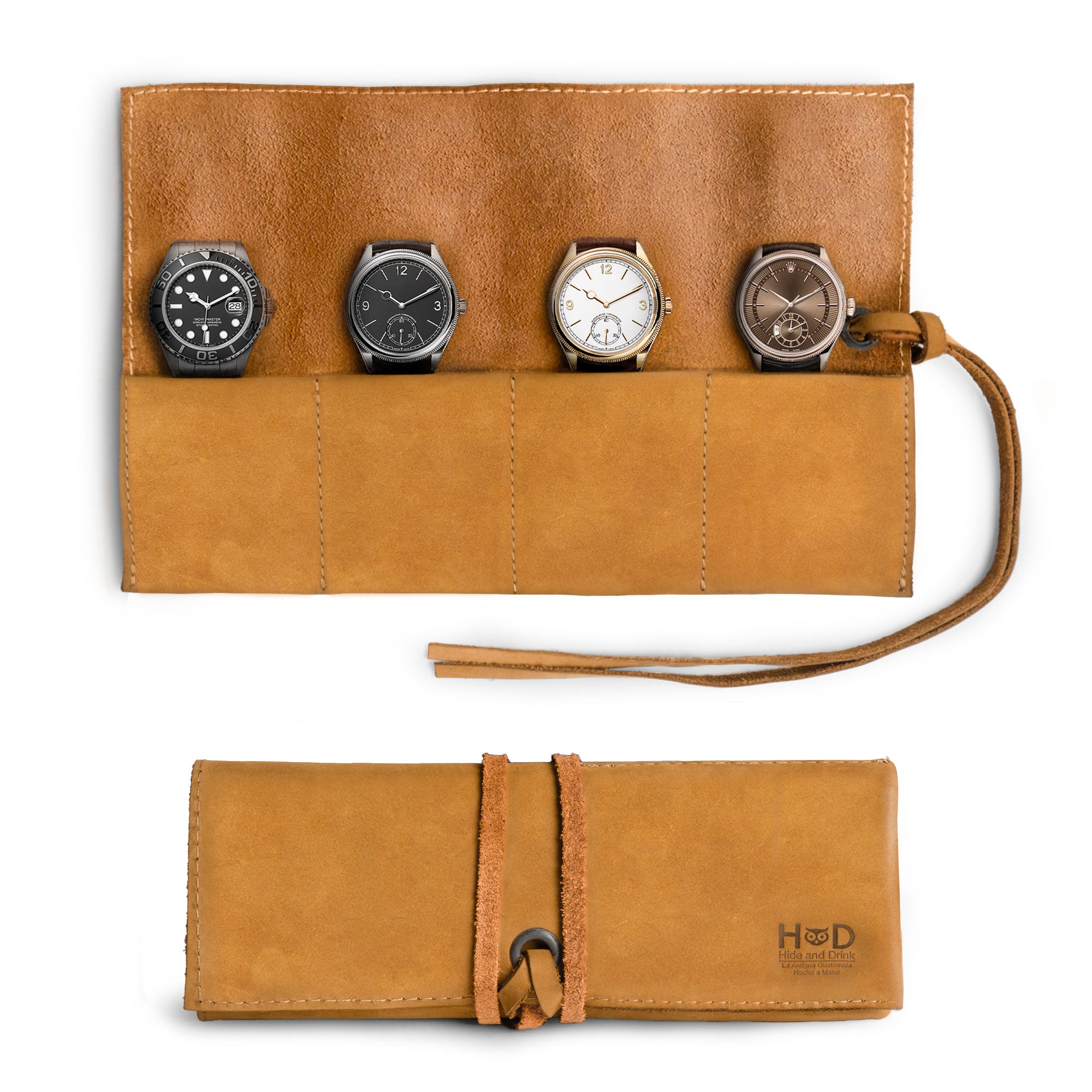 Quality leather Watch Roll from Hide & Drink, organized for up to 4 watches. This easy carry Watch Roll Organizer is crafted with full grain leather, showcasing small batch production, hand cut, hand sewn, and fire branded artisan details, made in La Antigua Guatemala & Oaxaca Mexico.