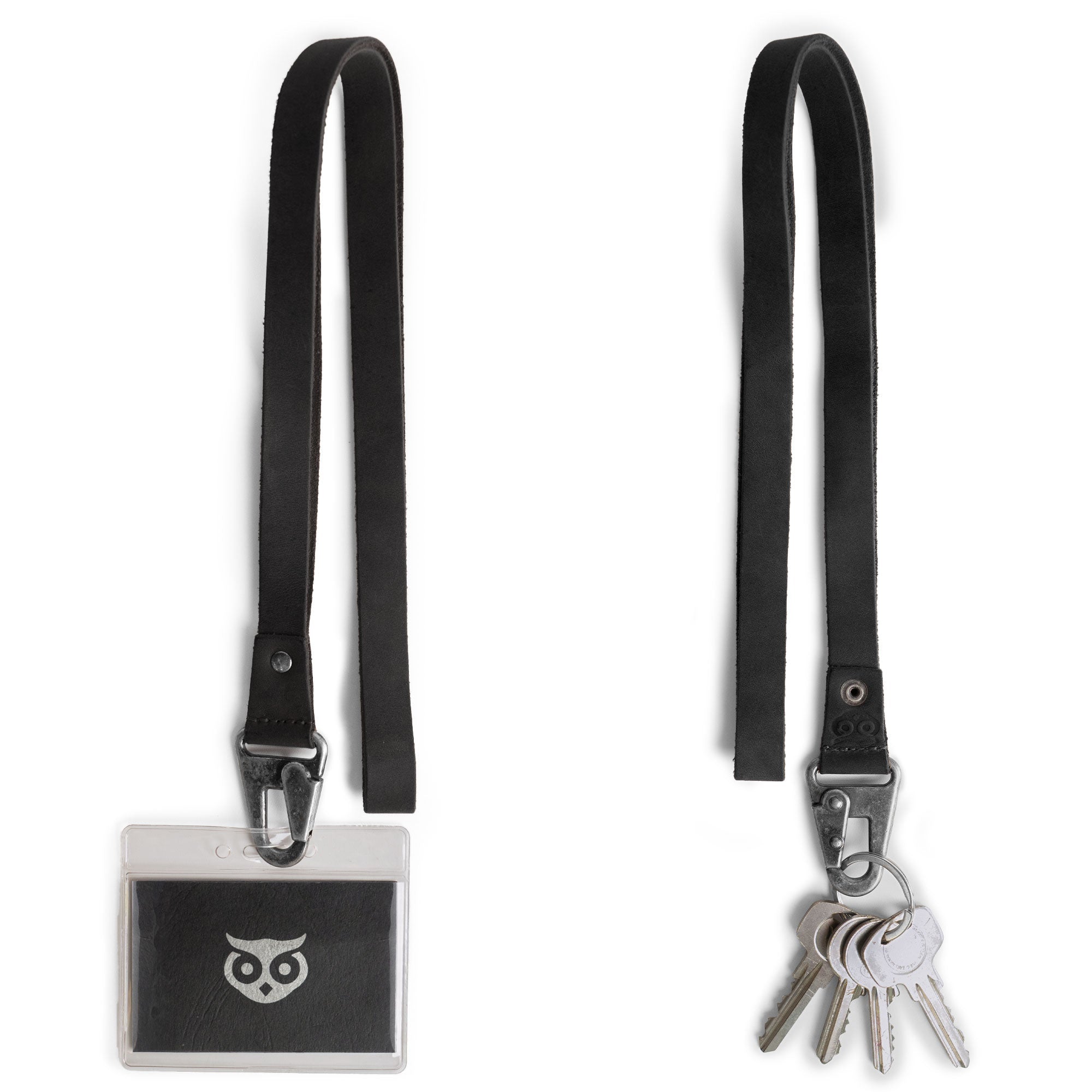Lanyard Keychain by Hide & Drink, this black leather neck strap with hook is perfect for holding IDs or keys. Handmade in La Antigua Guatemala & Oaxaca Mexico, it's an excellent choice for anyone looking for a durable accessory.