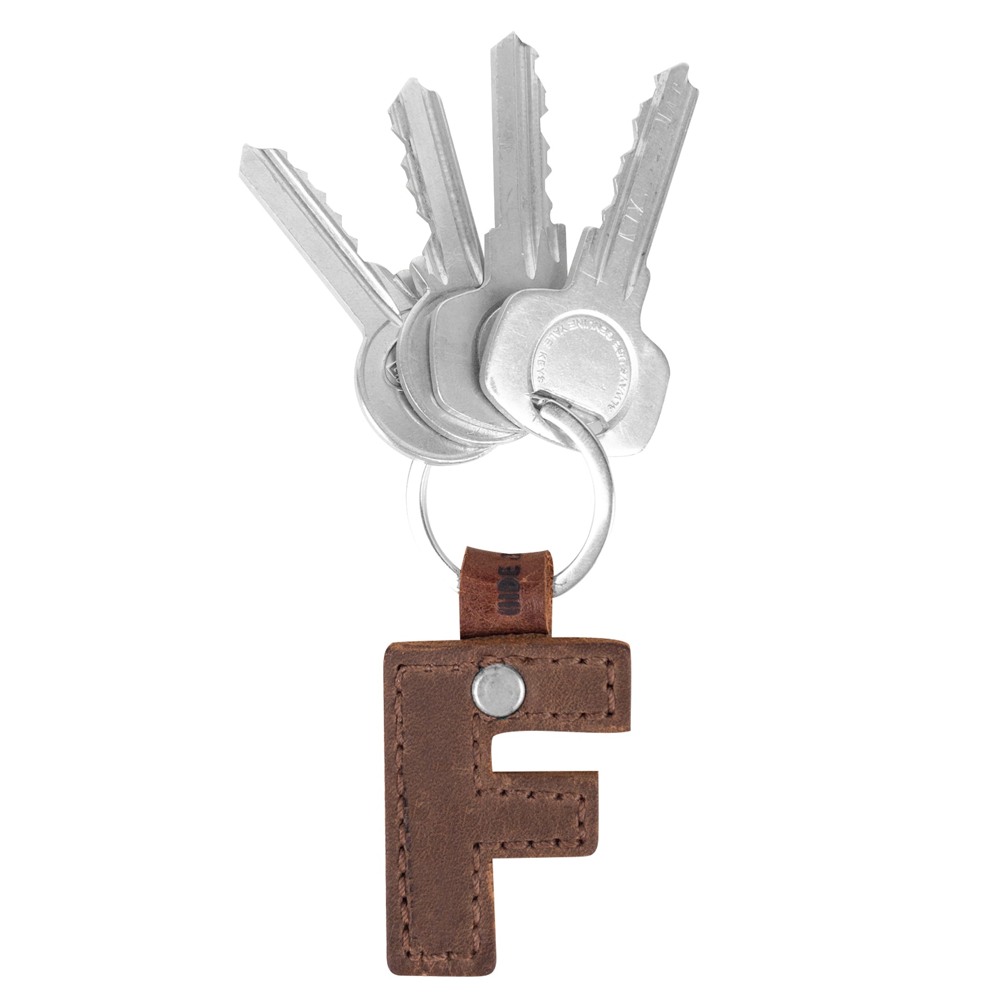 Charming 'F' Alphabet Letter Keychain by Hide & Drink, made of thick leather for durability. Perfect for unique key personalization, handcrafted in La Antigua Guatemala.