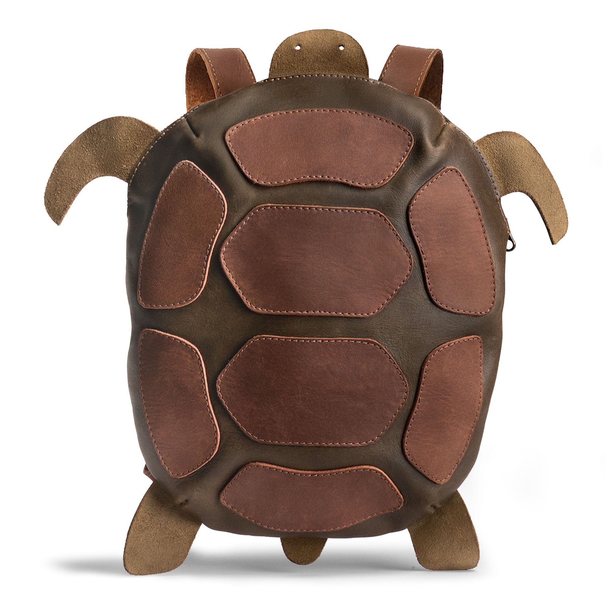 A stylish Turtle-Shaped Backpack by Hide & Play, featuring a unique design perfect for casual outings. This versatile bag can be used as a Casual Bag, Messenger Bag, or Travel Bag for Men and Women. Made from Full Grain Leather, it showcases the quality of StockyardX's Small Batch Production with hand cut and hand sewn details, proudly handcrafted in La Antigua Guatemala.