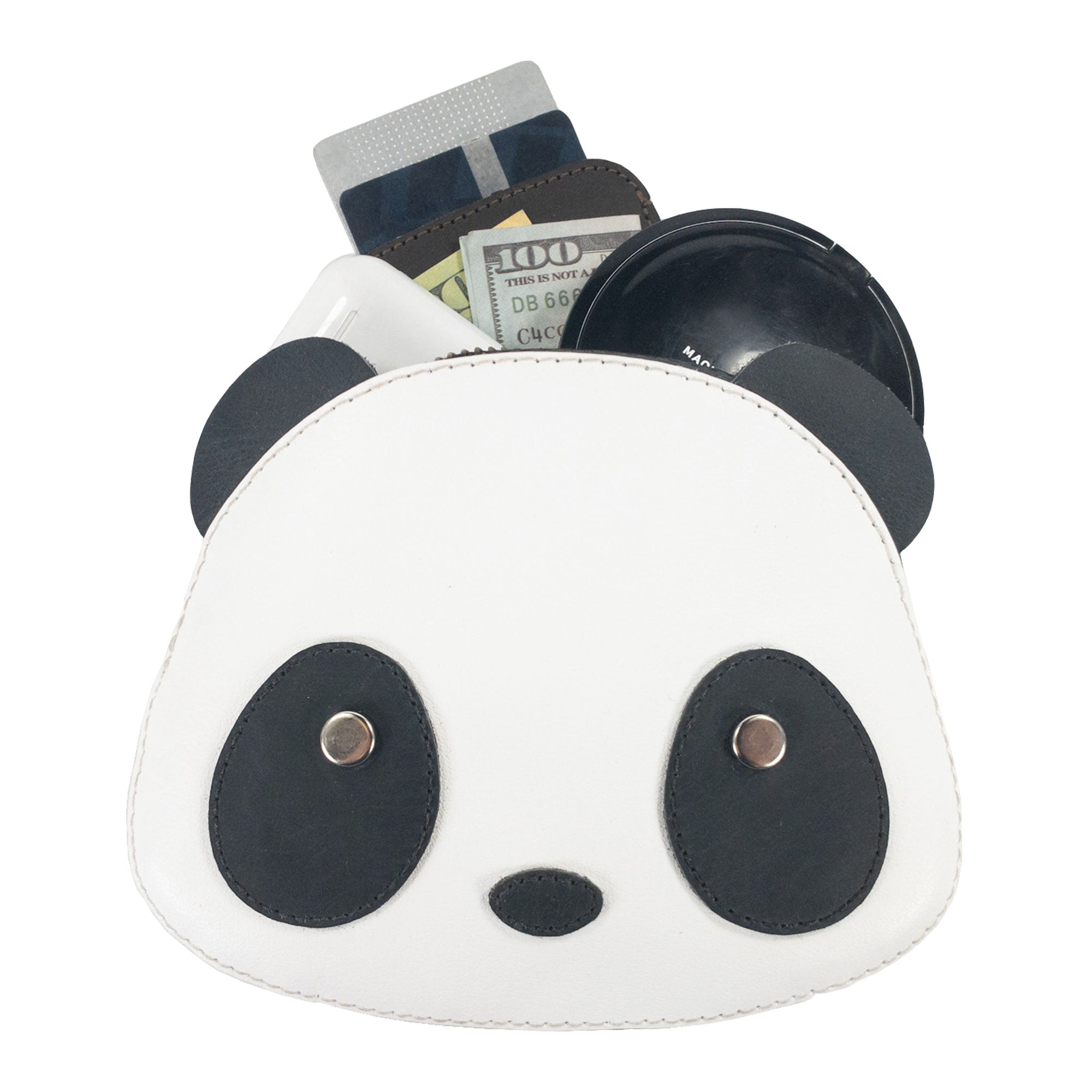 The Panda Head Shape Wallet by Hide & Drink features a cute panda face design, perfect for storing cash, cables, cards, and travel accessories. Made from Full Grain Leather, this artisan wallet showcases small batch production, hand cut, hand sewn details and is fire branded, embodying craftsmanship from La Antigua Guatemala & Oaxaca Mexico.