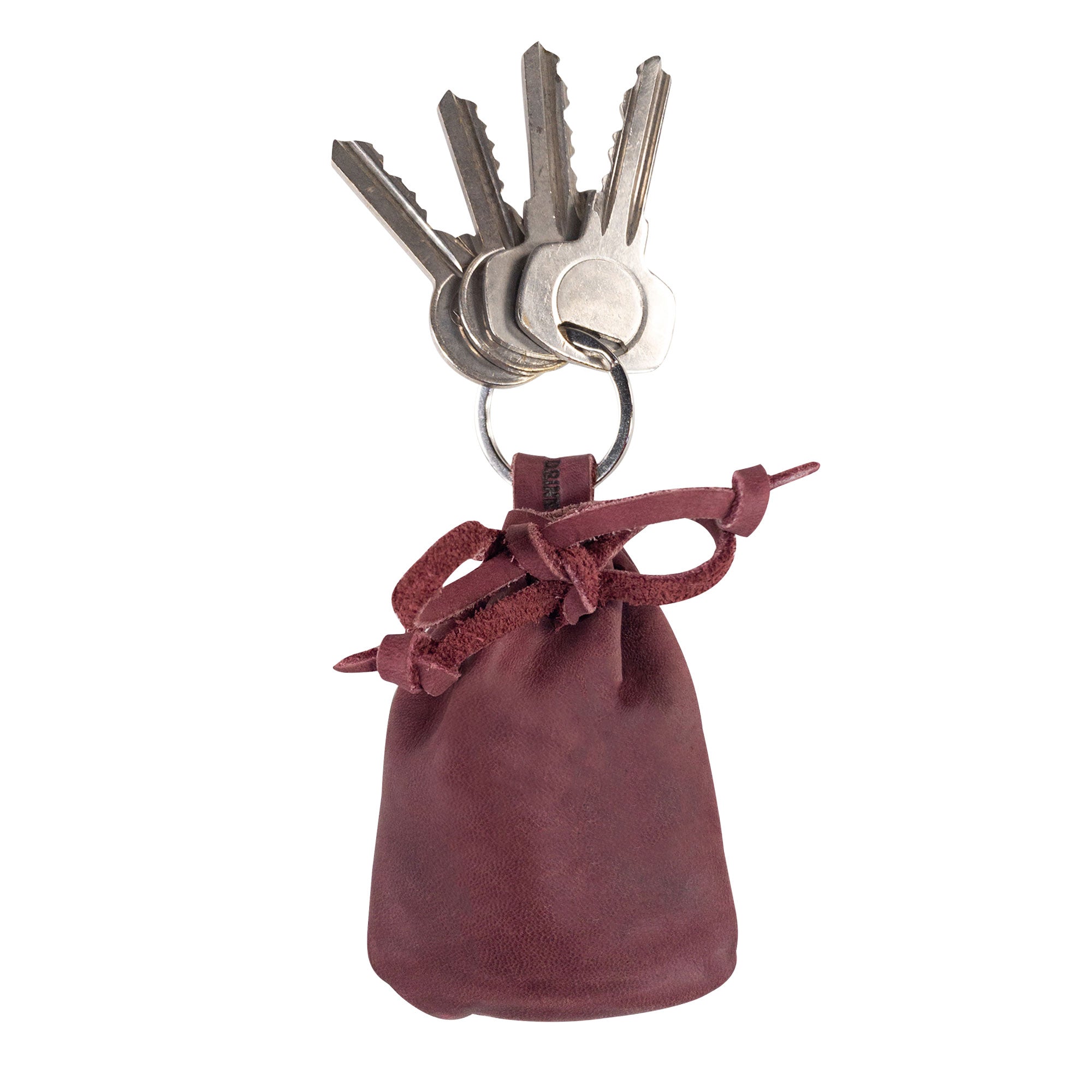 A Mini Medieval Pouch Keychain shown in gray leather by Hide & Drink, displaying its versatility. This tiny bag with keyring serves as an ideal coin pouch while showcasing the high-quality artisan craftsmanship from La Antigua Guatemala.
