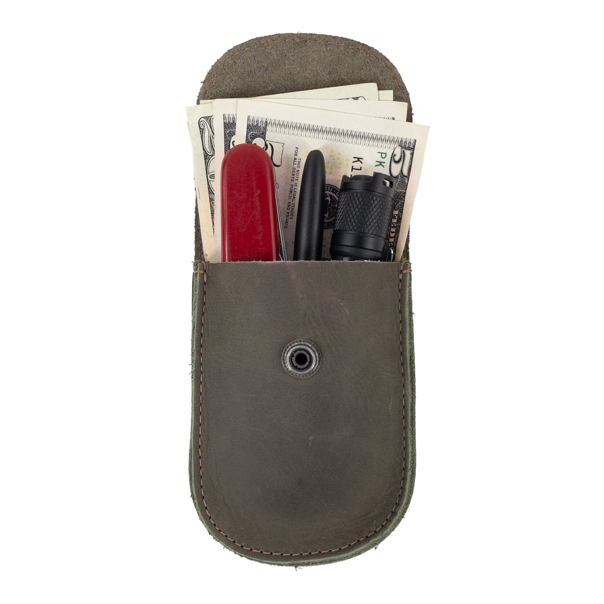 Open view of the Olive Green Holster Pouch by Hide & Drink with personal items stored inside. This handmade pouch is crafted from durable full grain leather, ideal for organizing everyday necessities.