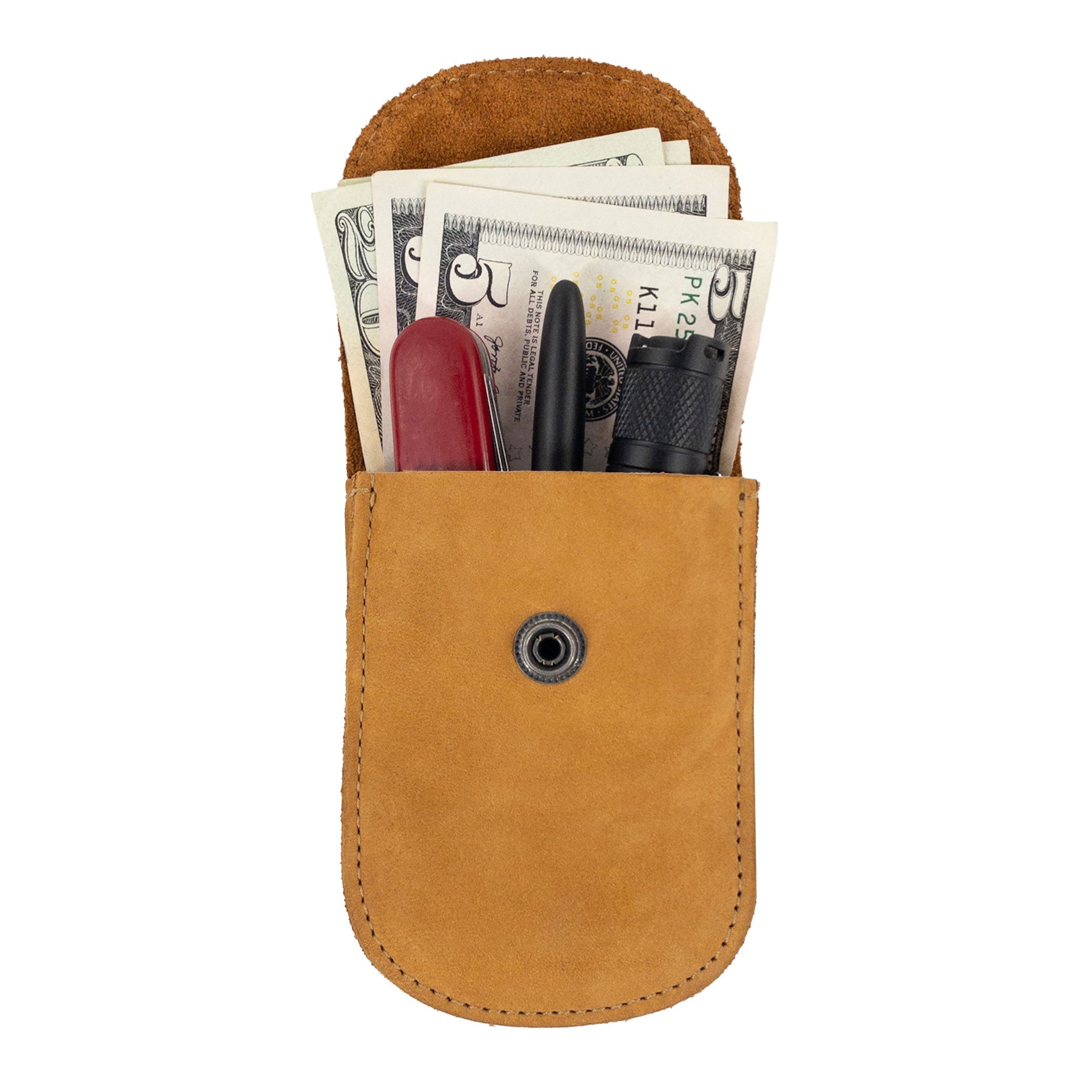 Front view of the Bright Yellow Holster Pouch by Hide & Drink alongside branding materials, showcasing artisan quality and style. This durable full grain leather pouch is perfect for carrying essentials.