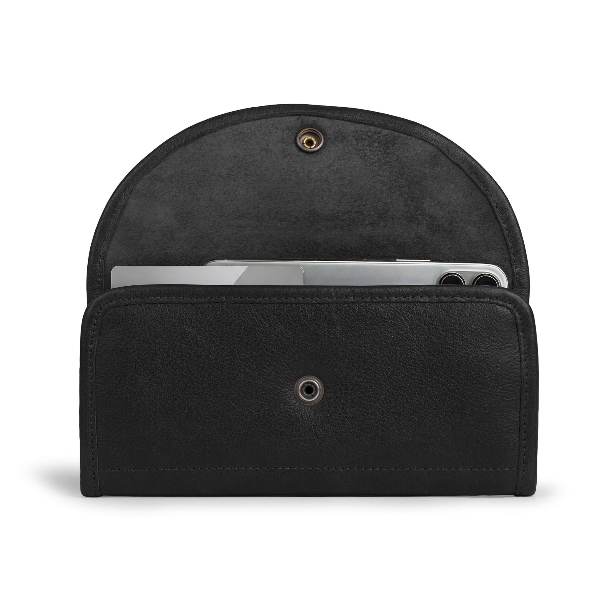 Front view of the black variant of the Single Snap Zippered Wallet by Hide & Drink, displaying its sleek look. This Snap Clutch Wallet for Women serves as a trendy money holder and card organizer featuring a zippered pouch, made from durable full grain leather and handcrafted in La Antigua Guatemala.