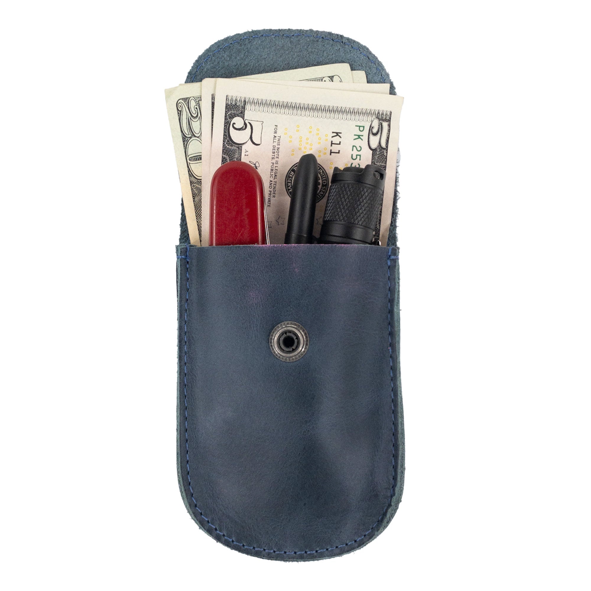 Open view of the Navy Holster Pouch by Hide & Drink, showcasing storage capacity for cash and personal items. Made from durable full grain leather, this artisan-crafted pouch emphasizes convenience and style.