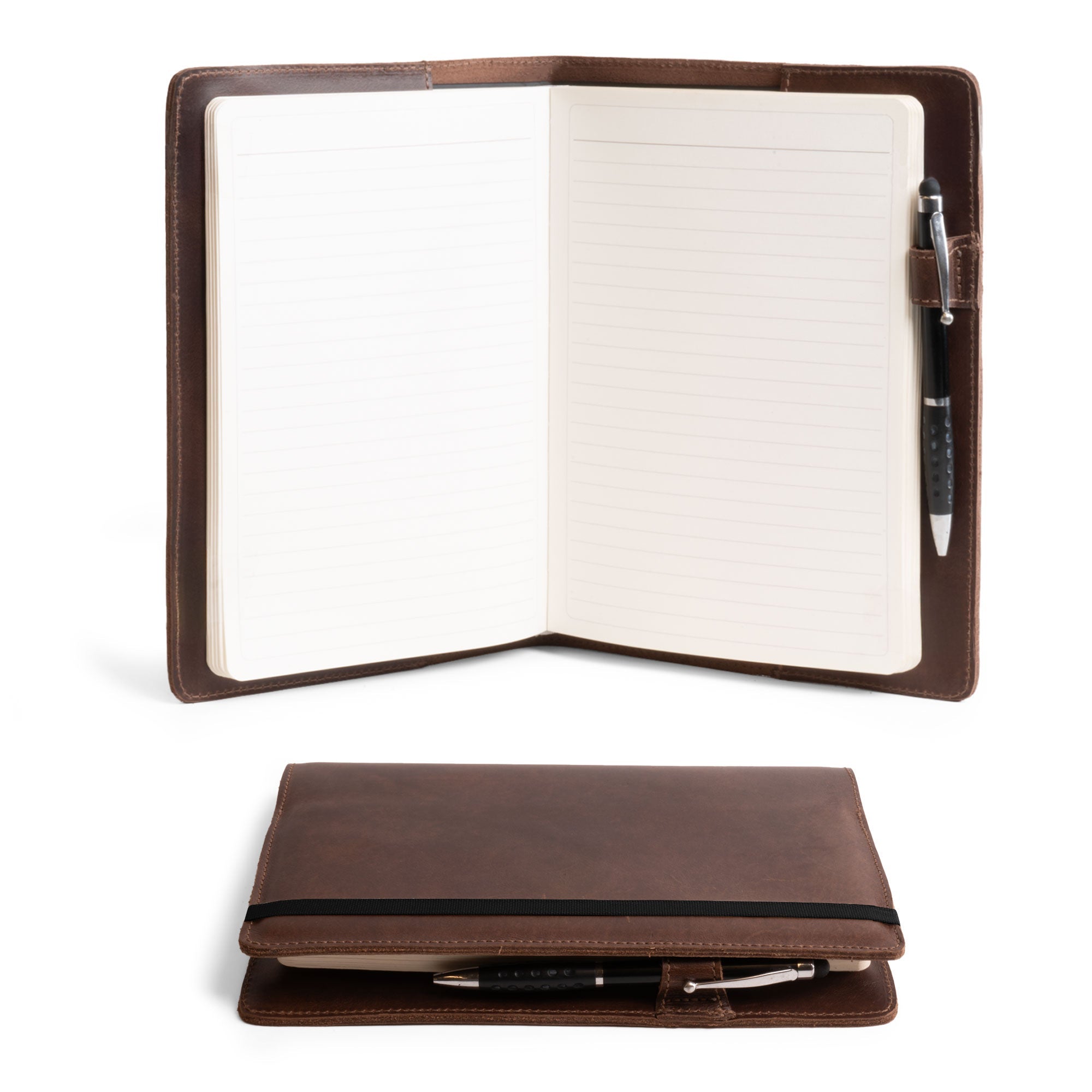 Leuchtturm A5 Hardcover Case by Hide & Drink, showcasing the interior design with a pen holder. This Case for Hardcover Leuchtturm A5 (5.75 x 8.25 in.) Notebook is a stylish, protective cover for your journal or personal planner, made from durable full grain leather. StockyardX, Small Batch Production, Hand Cut, Hand Sewn, Fire Branded, Artisan, Handmade in La Antigua Guatemala & Oaxaca Mexico.